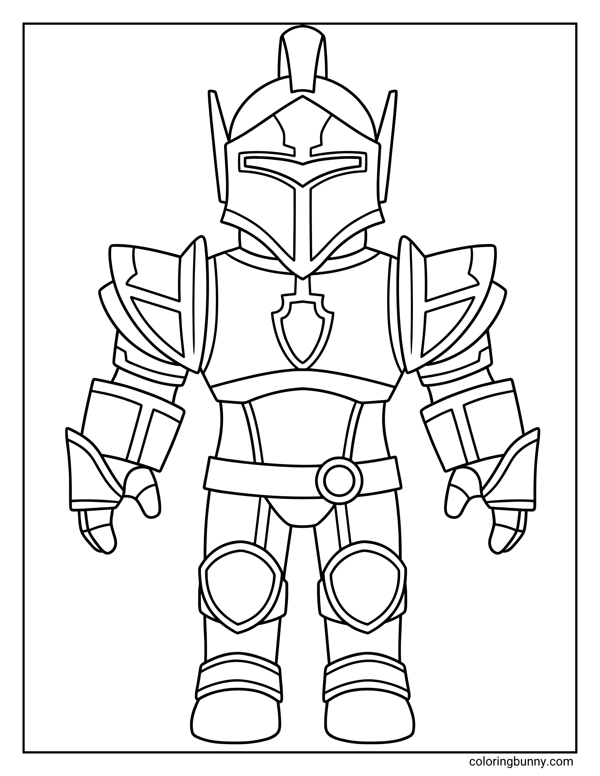 A Roblox coloring page featuring an Alar Knight of Splintered Skies avatar wearing detailed fantasy armor. The blocky character has a crested helmet with wing-like sides, layered shoulder plates with sharp geometric designs, a chest emblem, armored gauntlets, knee guards, and sturdy boots, all outlined clearly for easy coloring.