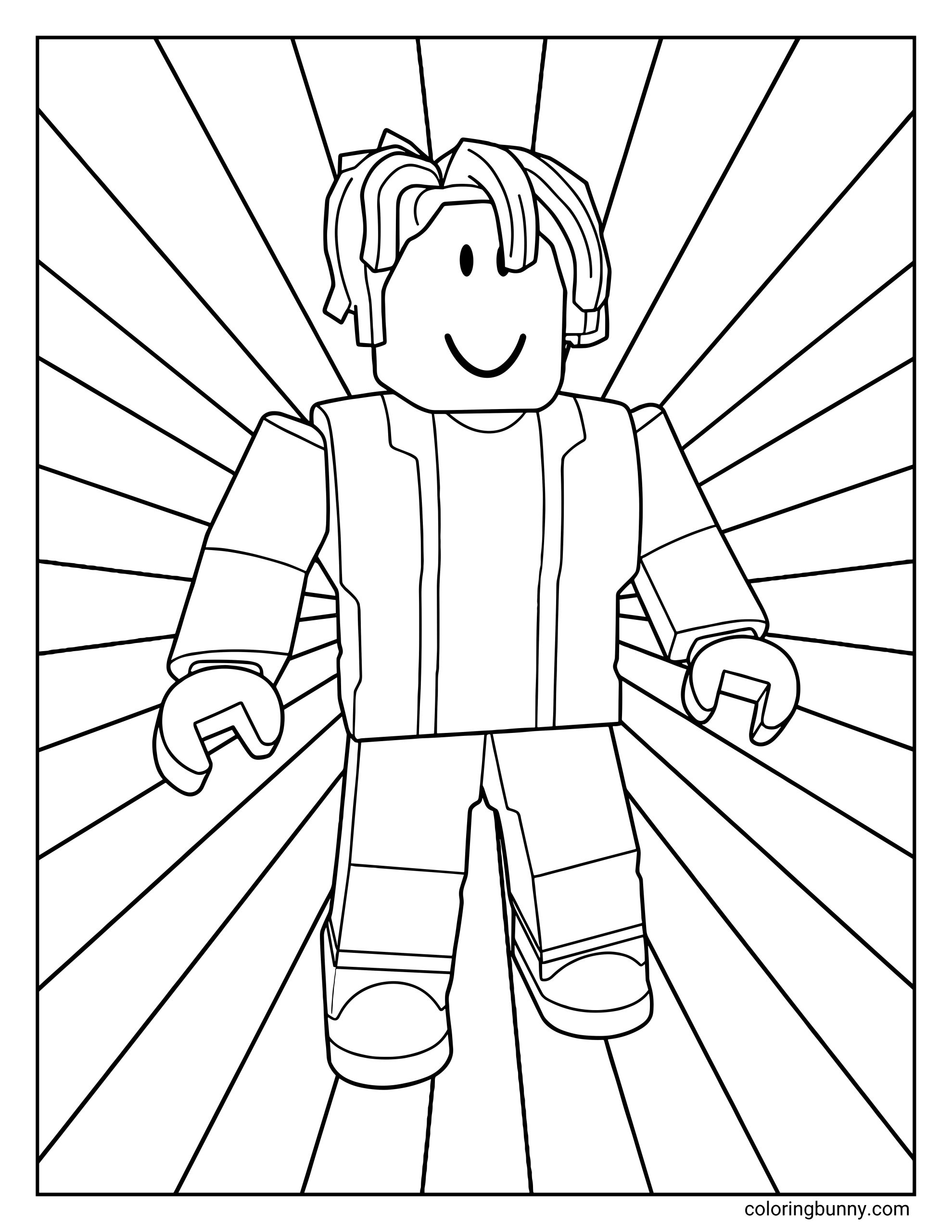A Roblox coloring page featuring the classic Bacon Hair avatar standing confidently with a smiling face. The character has layered, wavy hair and wears a simple jacket, shirt, pants, and chunky shoes, with bold sunbeam rays radiating outward in the background to create an energetic and eye-catching scene.