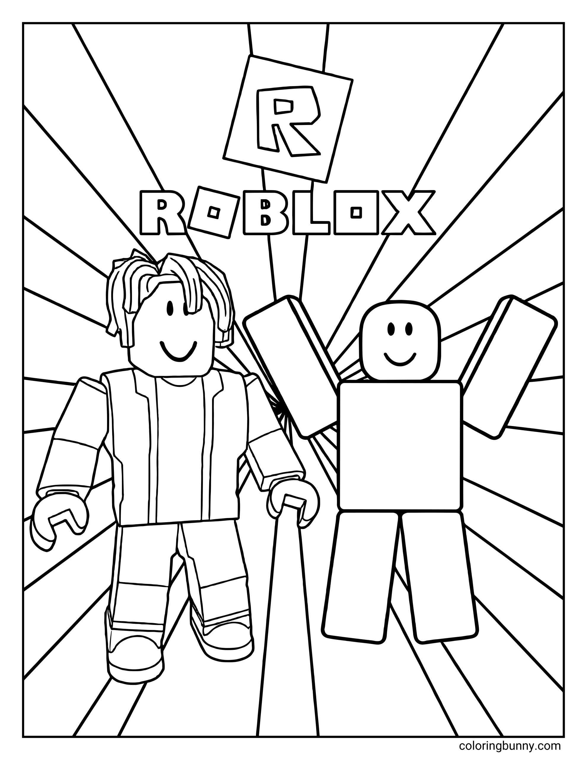 A Roblox coloring page featuring a Bacon Hair avatar and a classic Noob avatar standing side by side. The Bacon Hair character has layered hair and a jacket, while the Noob has a simple smiling face and blocky outfit. A large Roblox “R” logo and the word “ROBLOX” appear above them with sunbeam rays in the background.