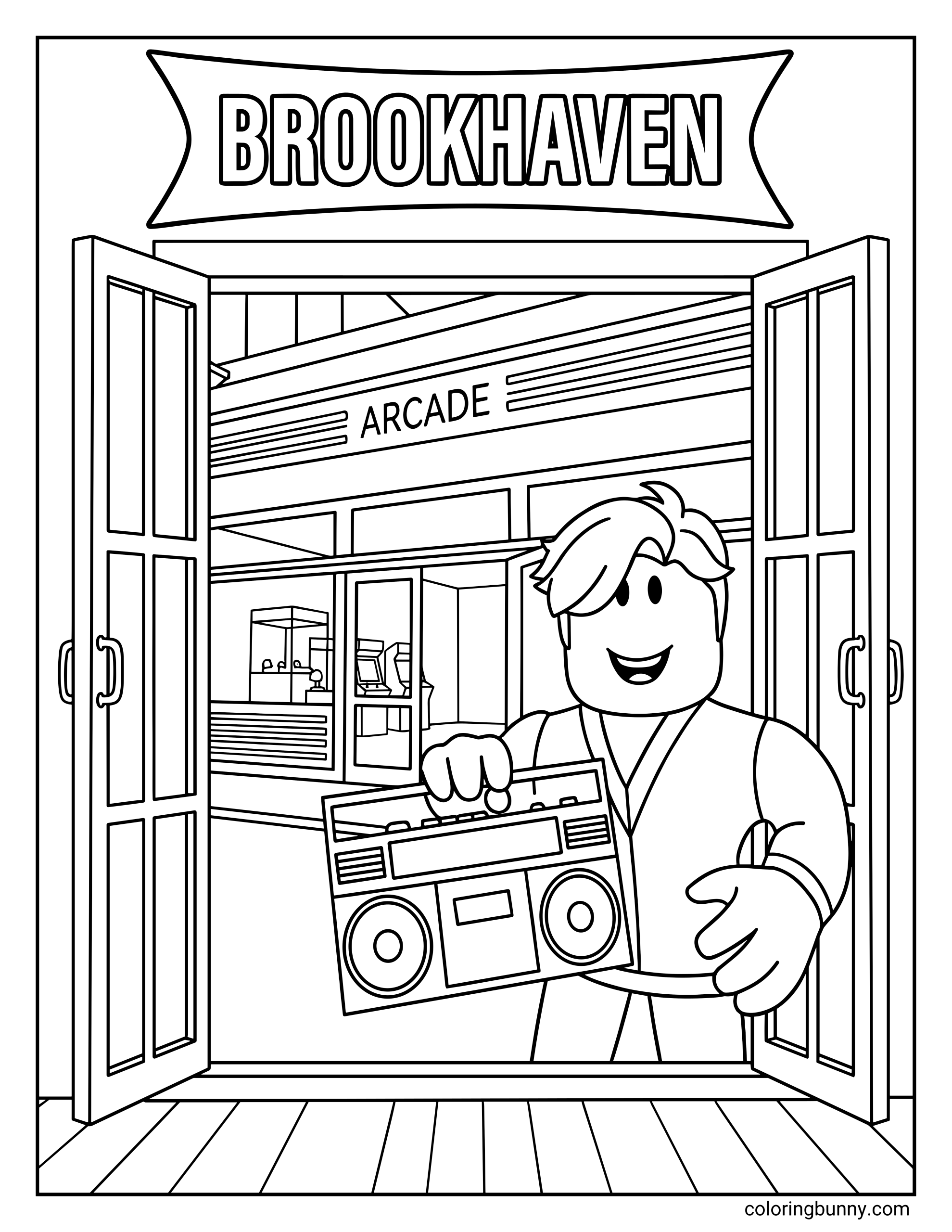 A Roblox Brookhaven coloring page featuring a smiling avatar standing in front of open doors with a “Brookhaven” banner above and an “Arcade” sign inside. The character is holding a large boombox, and arcade machines are visible in the background through the glass windows.