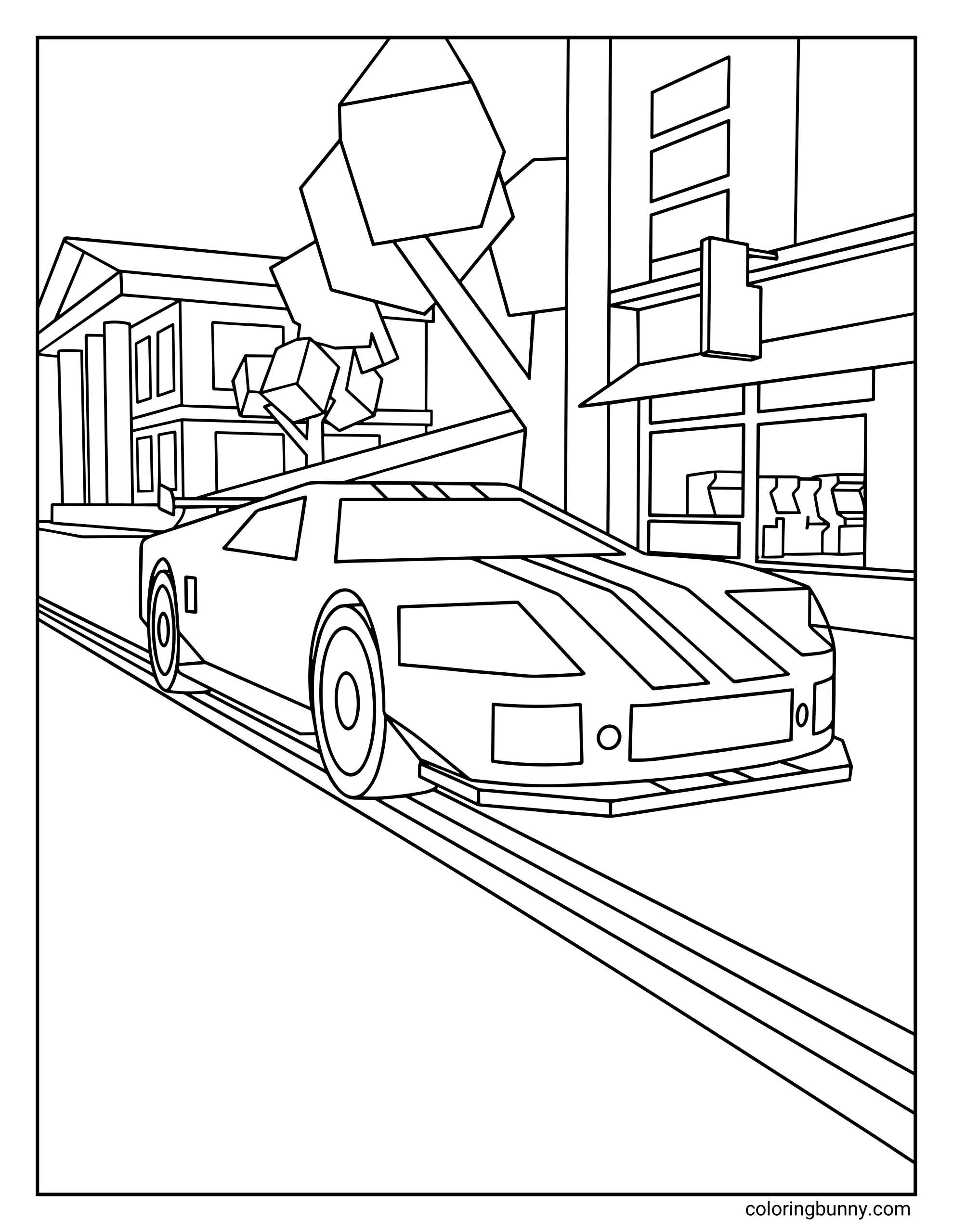 A Roblox Brookhaven coloring page featuring a sleek sports car driving through a Brookhaven city street. The scene includes modern buildings, shop windows, a sidewalk, blocky trees, and road lines, with the car positioned in the foreground at an angle.