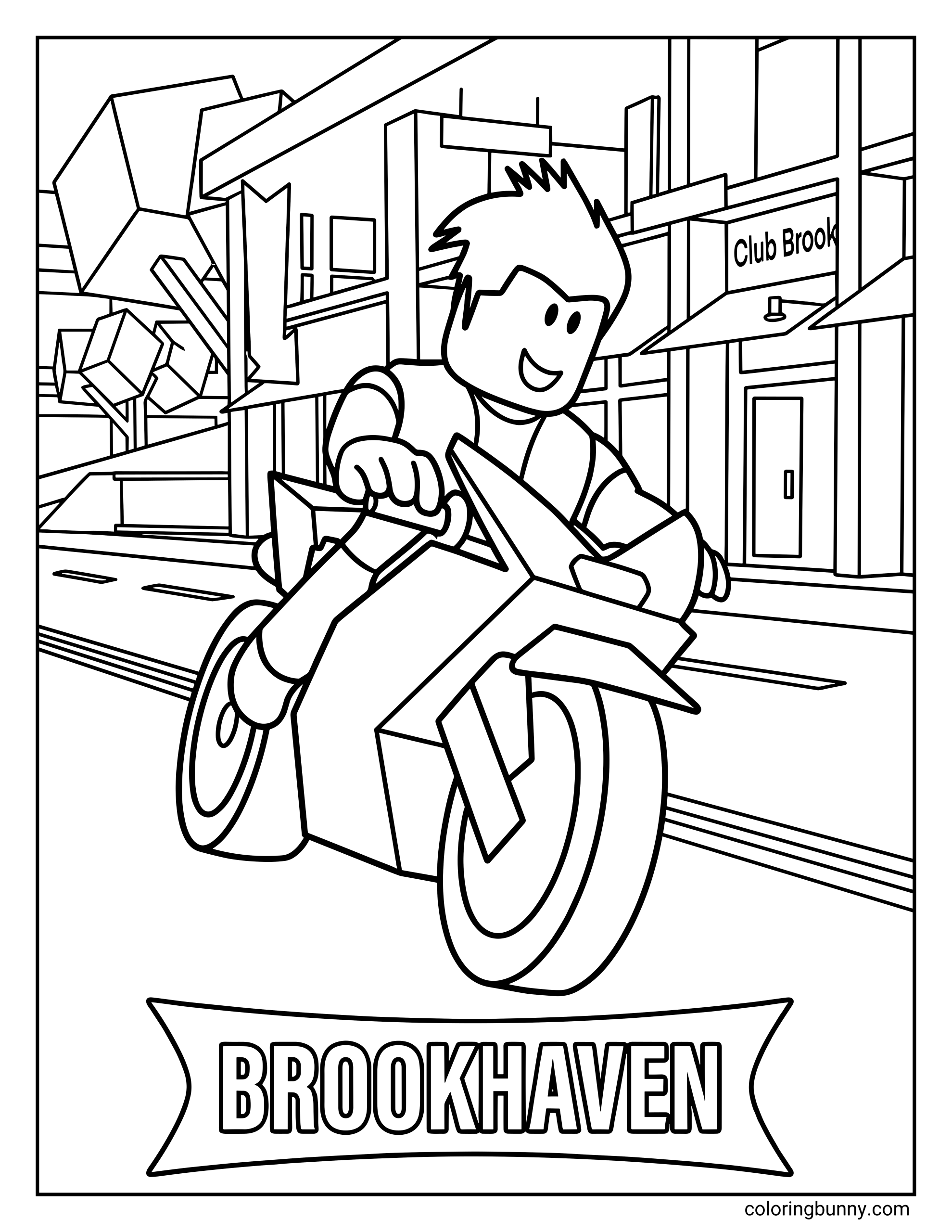 A Roblox coloring page featuring a smiling avatar riding a sporty motorcycle through a Brookhaven city street. Buildings, trees, sidewalks, and a “Brookhaven” banner appear in the background, with the motorcycle angled forward as if in motion.