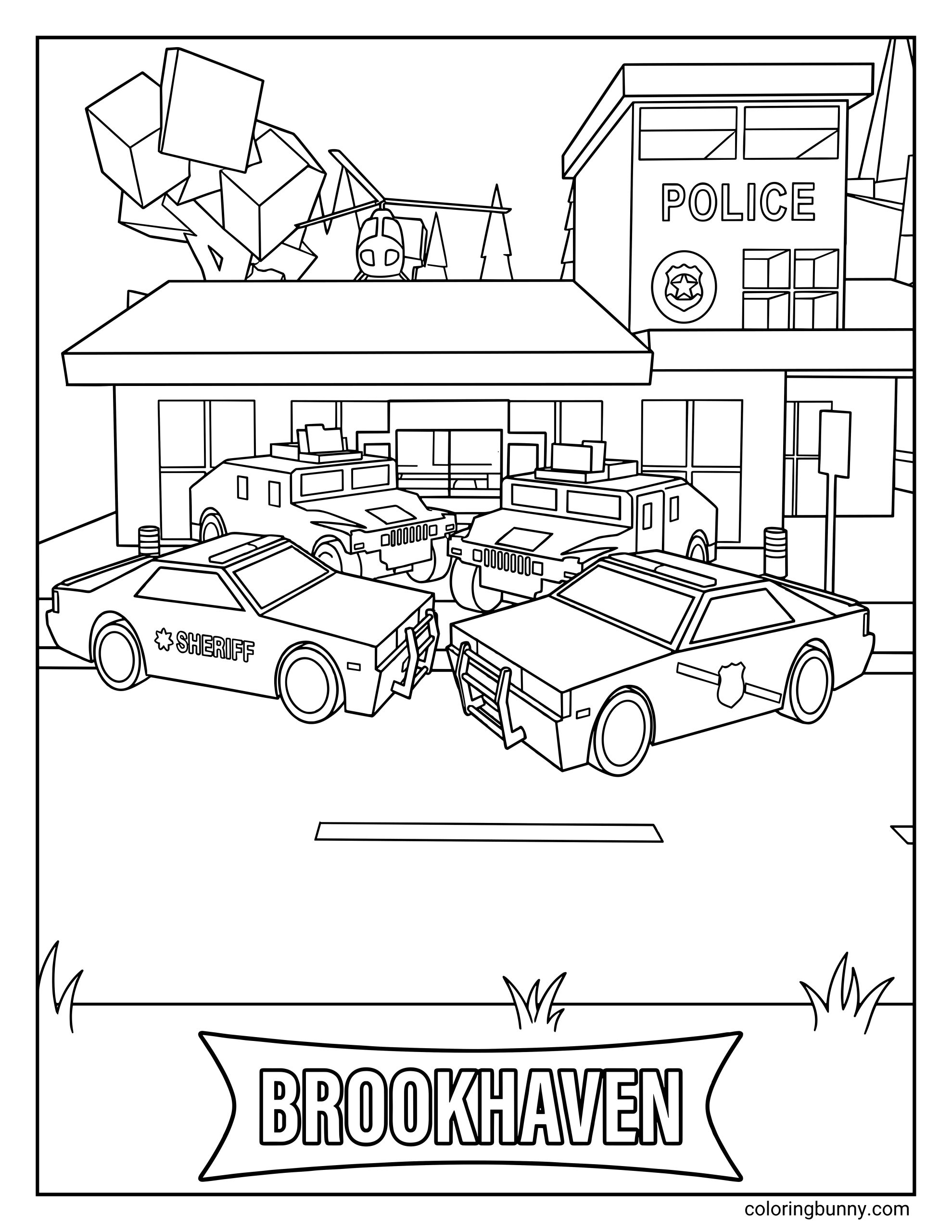 A Roblox Brookhaven coloring page featuring a police station building with the word “POLICE” on the front. Several police cars and vehicles are parked outside, with trees, a helicopter in the background, and a “Brookhaven” banner at the bottom of the page.