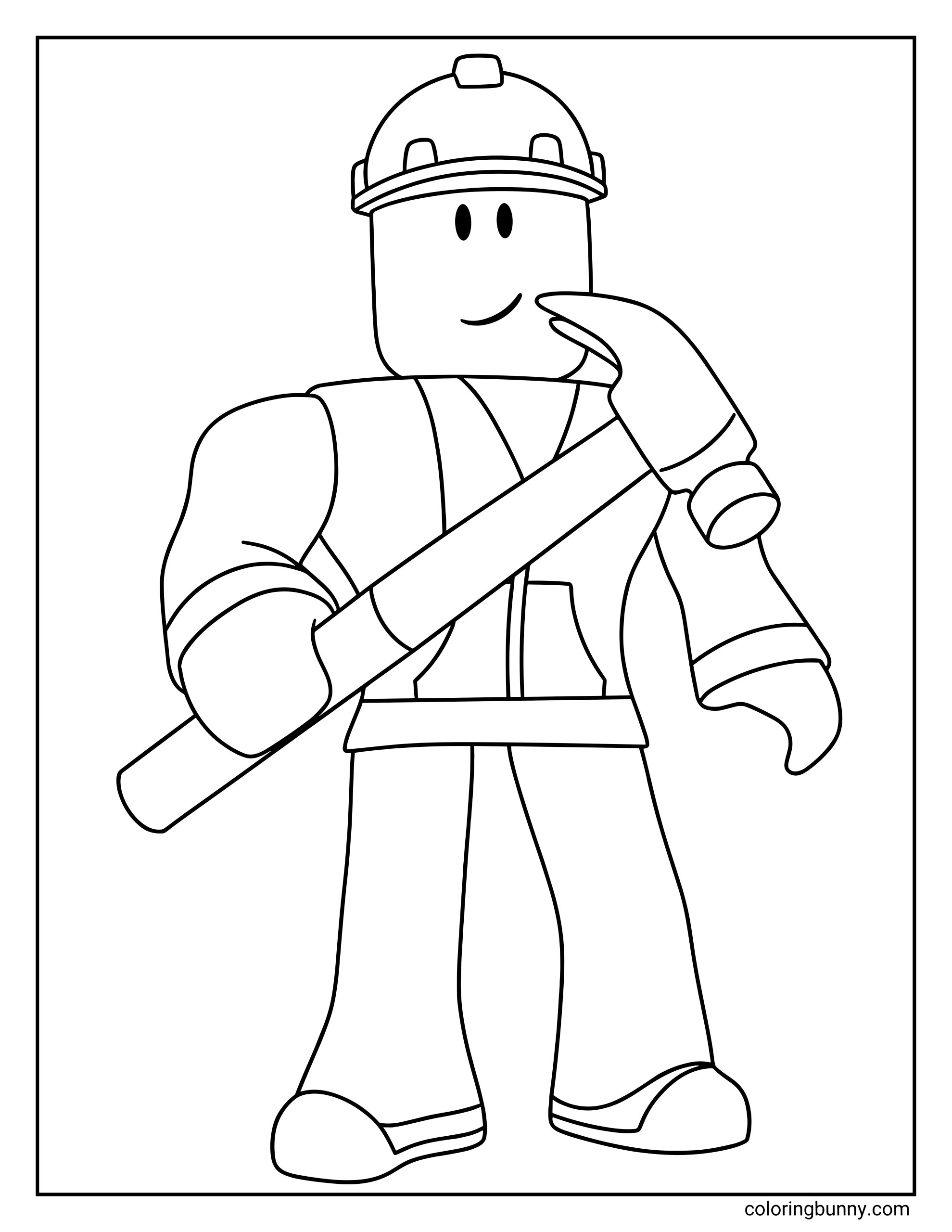A Roblox builderman avatar coloring page featuring a builder-style avatar wearing a construction helmet and holding a hammer. The blocky character has a simple smiling face, and stands in a confident pose ready to build.
