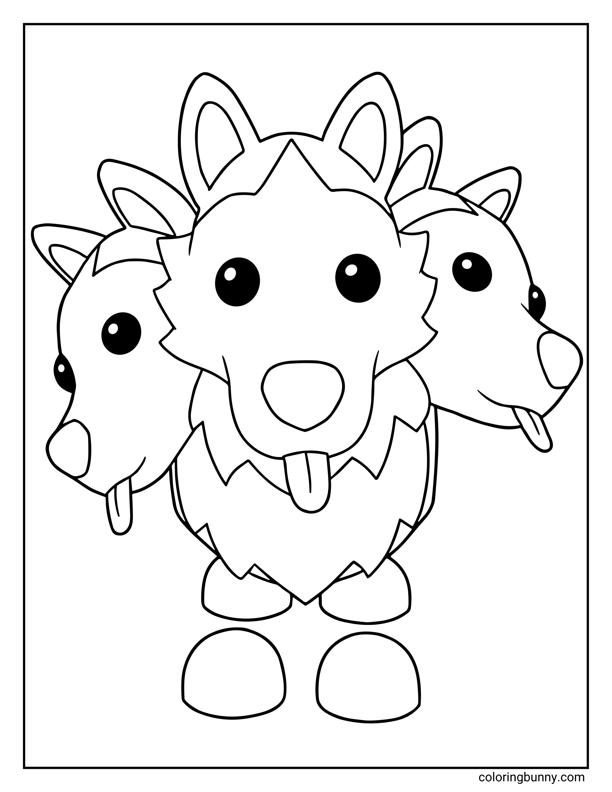 A Roblox coloring page featuring an Adopt Me Cerberus pet with three dog heads, round eyes, pointed ears, and small tongues sticking out. The character has a fluffy chest and simple rounded feet, centered on a plain background.