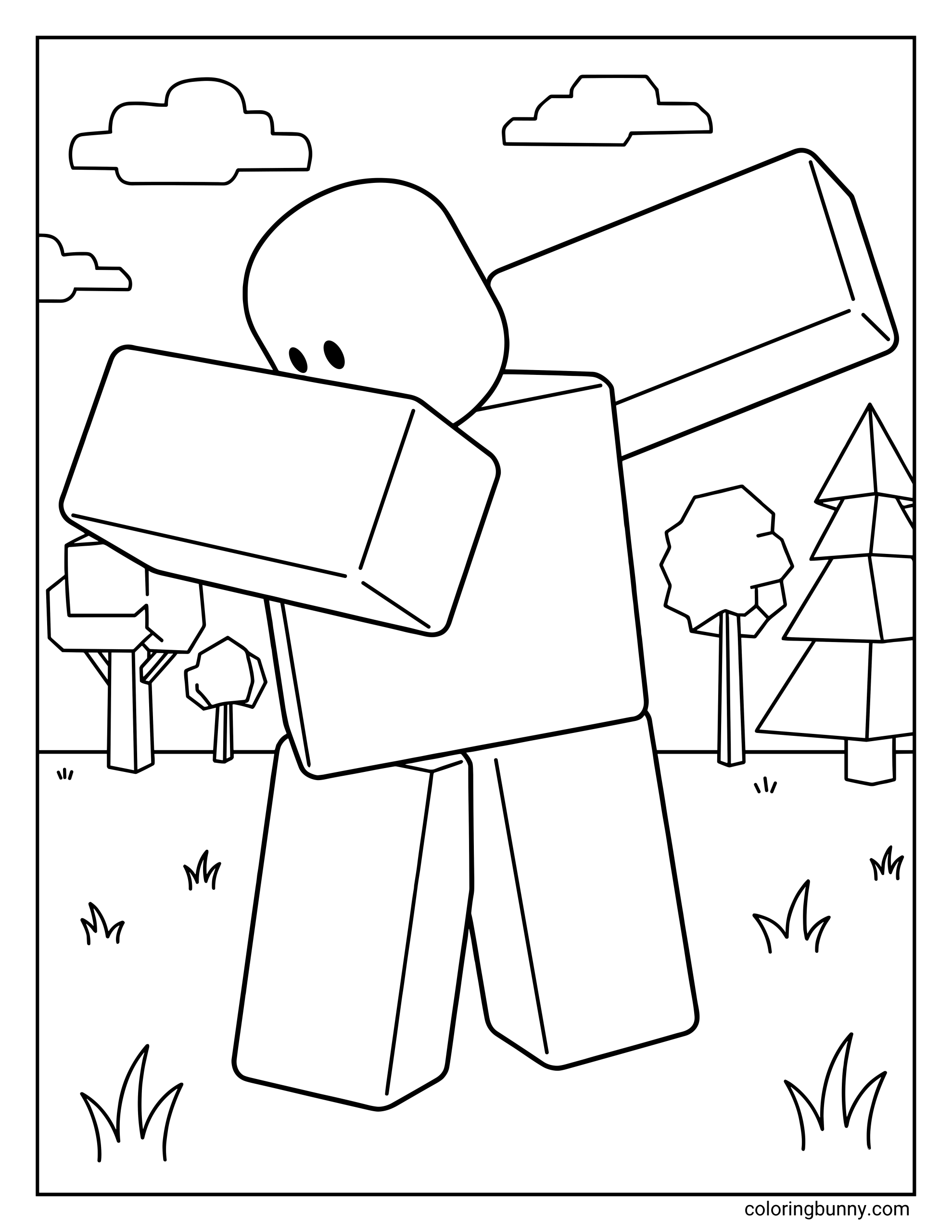 A Roblox guy coloring page featuring a noob avatar dabbing outdoors. The character has a simple round head with small oval eyes, one arm bent across the face and the other extended outward, standing on grass with trees and clouds in the background.
