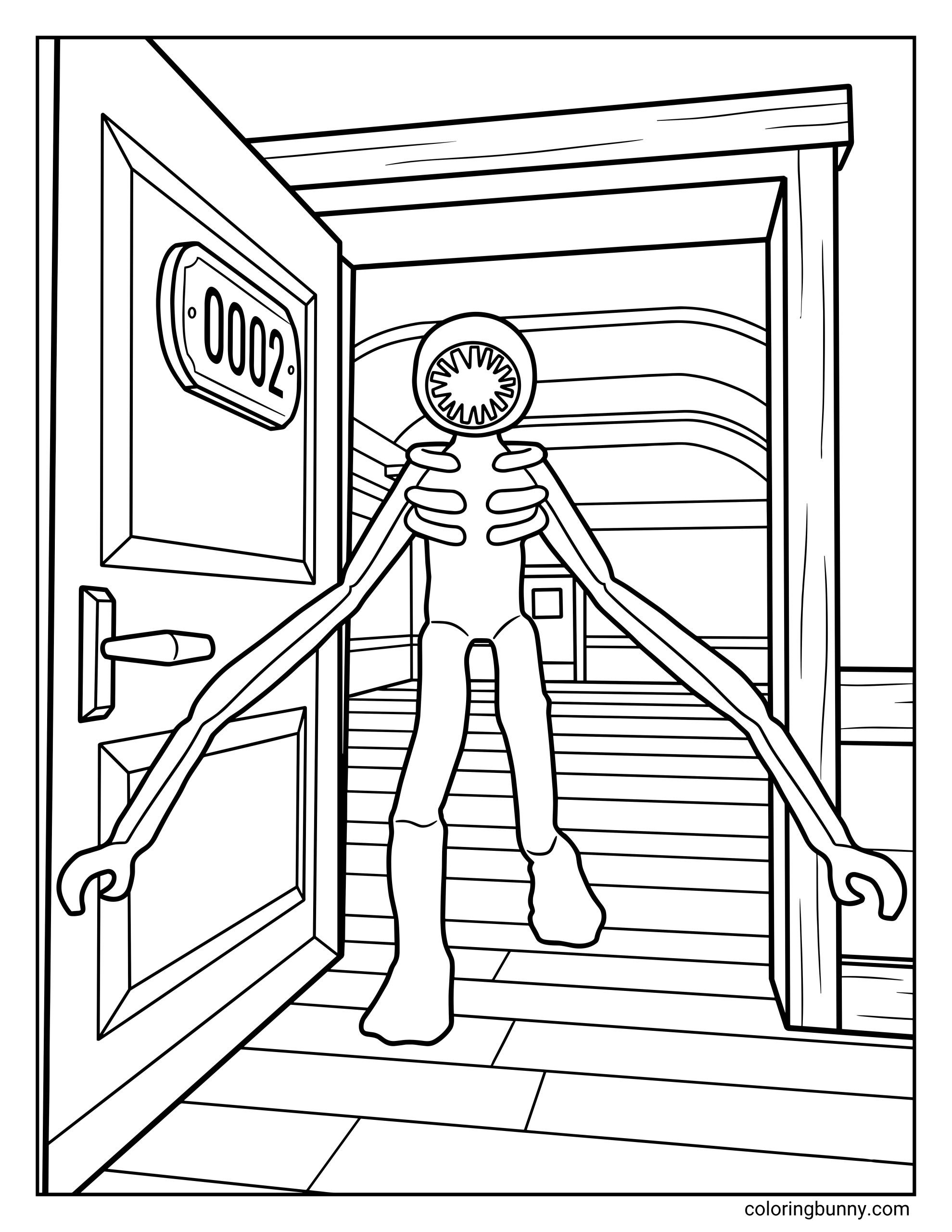 A Roblox coloring page featuring a Doors-inspired Figure character stepping through an open doorway labeled “002.” The creature has a round, tooth-lined mouth for a head, visible rib-like chest details, long arms reaching forward, and is standing inside a hallway with wooden floors and door frames.
