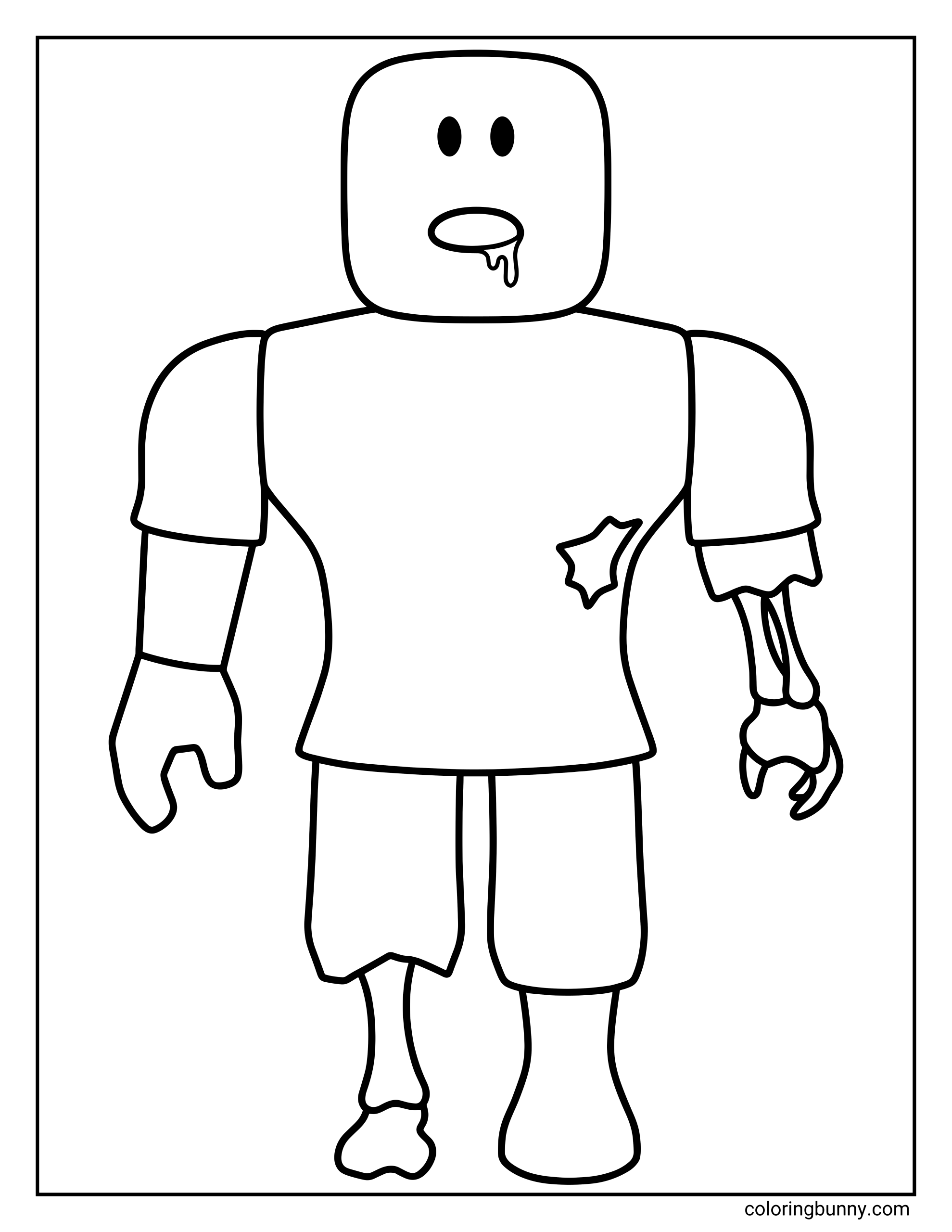 A Roblox coloring page featuring a drooling zombie avatar with a torn shirt and mismatched limbs. The blocky character has one skeletal arm with exposed bones, one skeletal leg with exposed bones, and drool dripping from its mouth, all outlined in bold lines for easy Halloween-themed coloring.