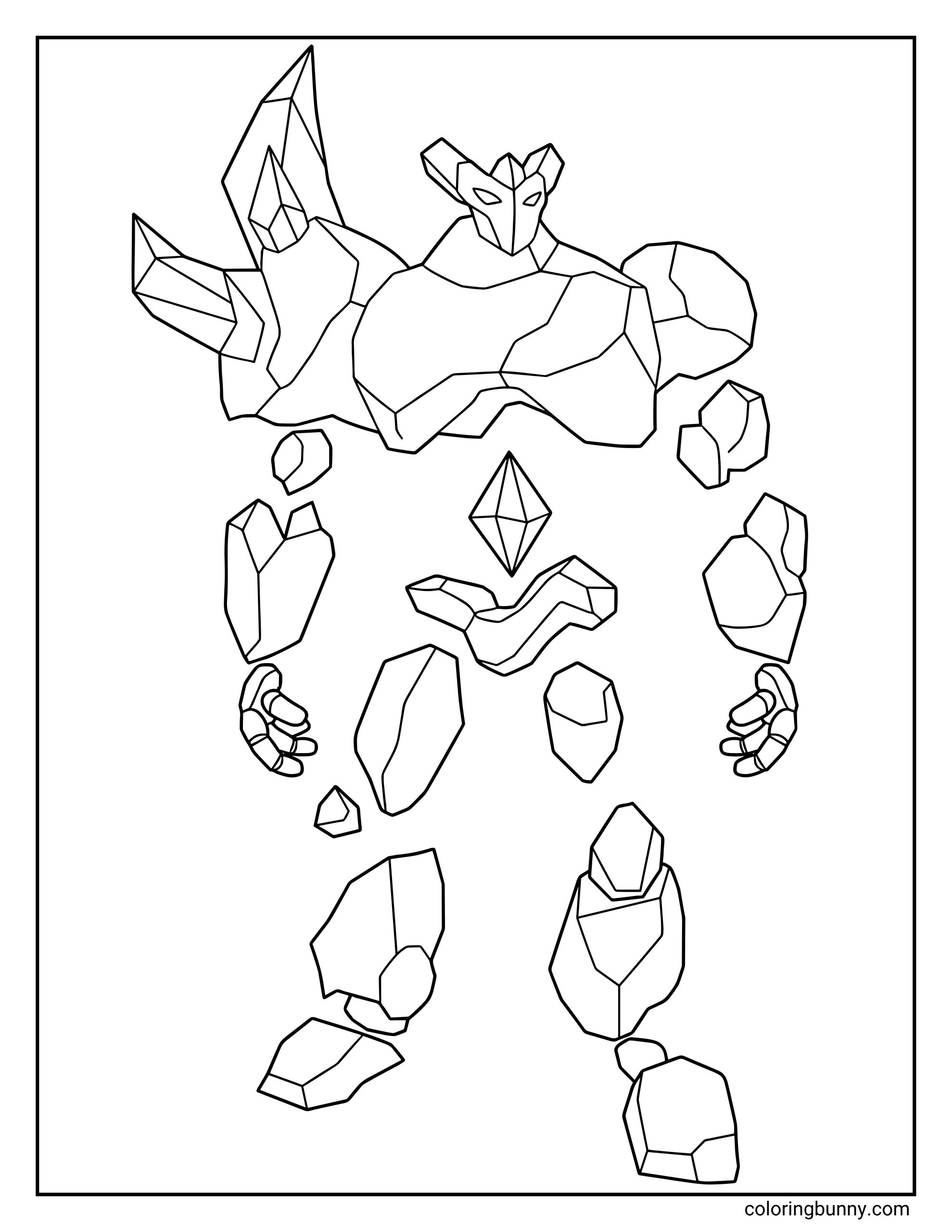 A Roblox coloring page featuring an elemental crystal golem avatar made of floating rock fragments. The character has a sharp, mask-like face, large jagged crystal formations on its shoulders and back, separate stone hands and legs hovering in place, and a glowing diamond-shaped crystal at the center of its body.