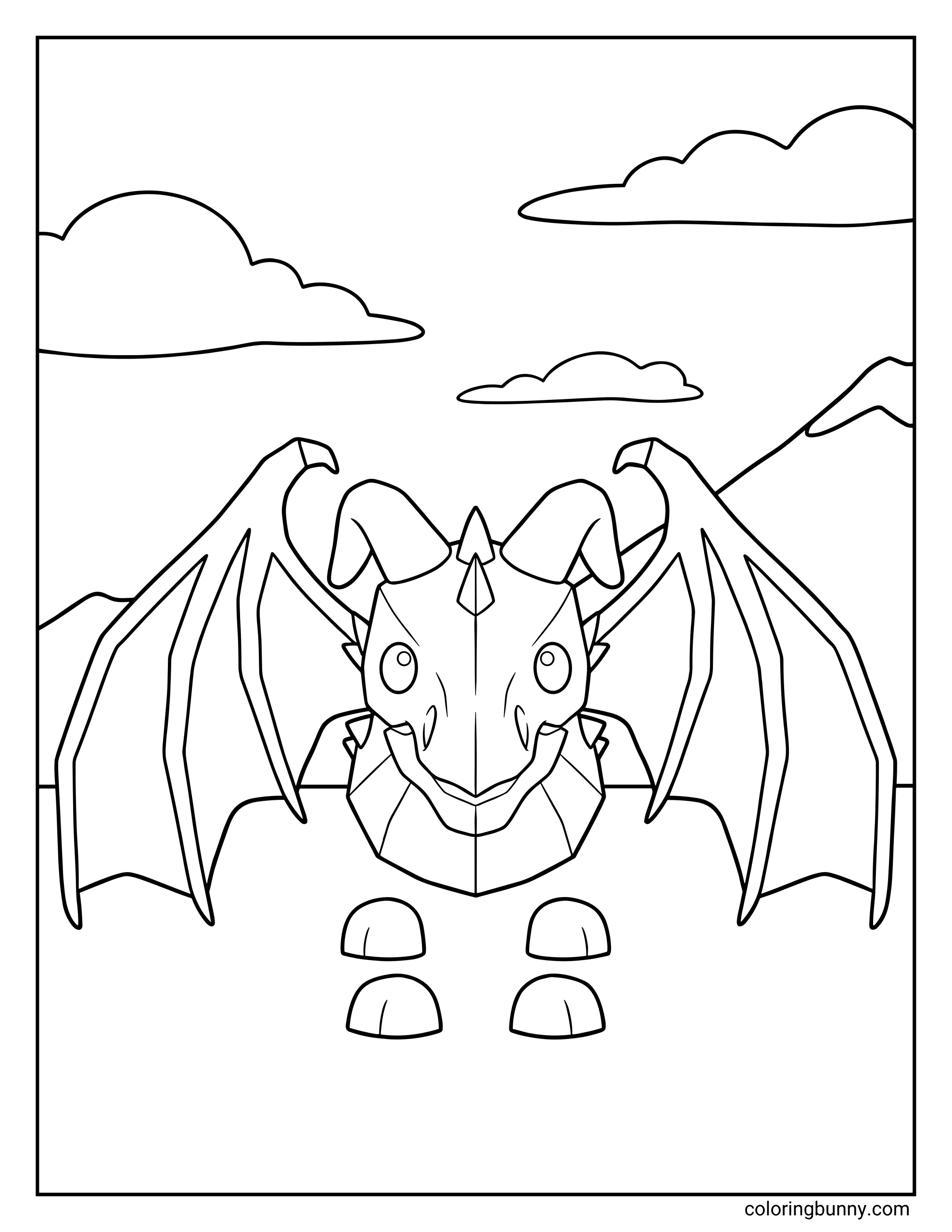 A Roblox coloring page featuring a Frost Dragon with large outstretched wings, curved horns, and a pointed snout. The dragon stands in a snowy mountain landscape with clouds and distant peaks in the background, outlined clearly for detailed coloring.