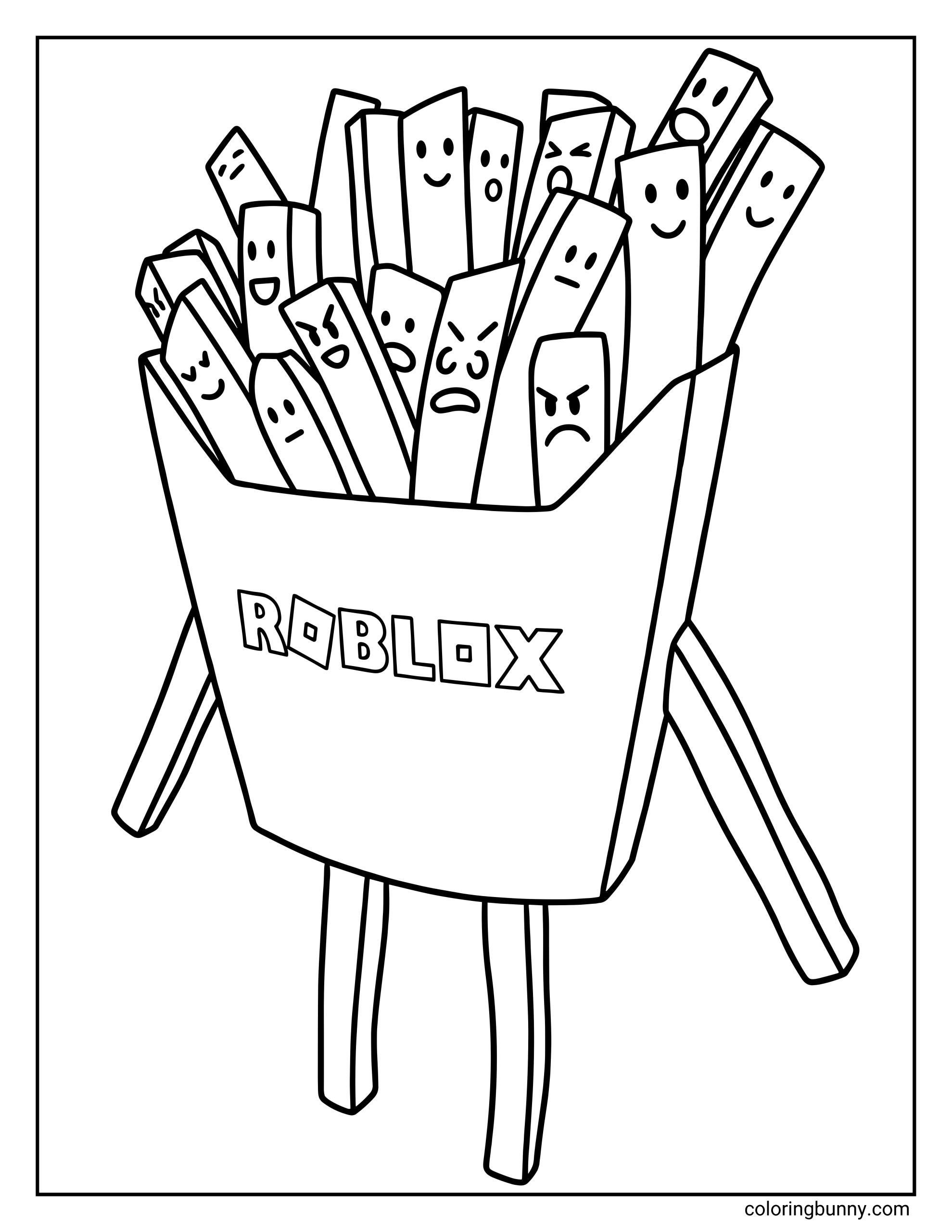A Roblox coloring page featuring Gang O’ Fries character shaped like a large container of fries with the word “Roblox” on the front. The character has thin legs and is filled with multiple fry pieces, each with different facial expressions such as happy, surprised, angry, and smiling, all outlined clearly for easy coloring.