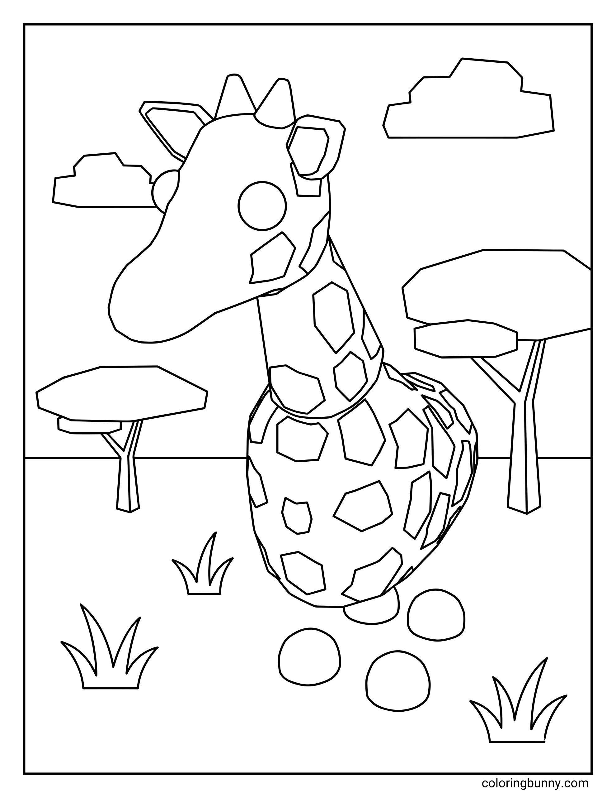 A Roblox coloring page featuring an Adopt Me giraffe pet standing in a simple outdoor scene with trees, clouds, and small tufts of grass. The giraffe has large rounded features, short horns, and patch markings across its body.