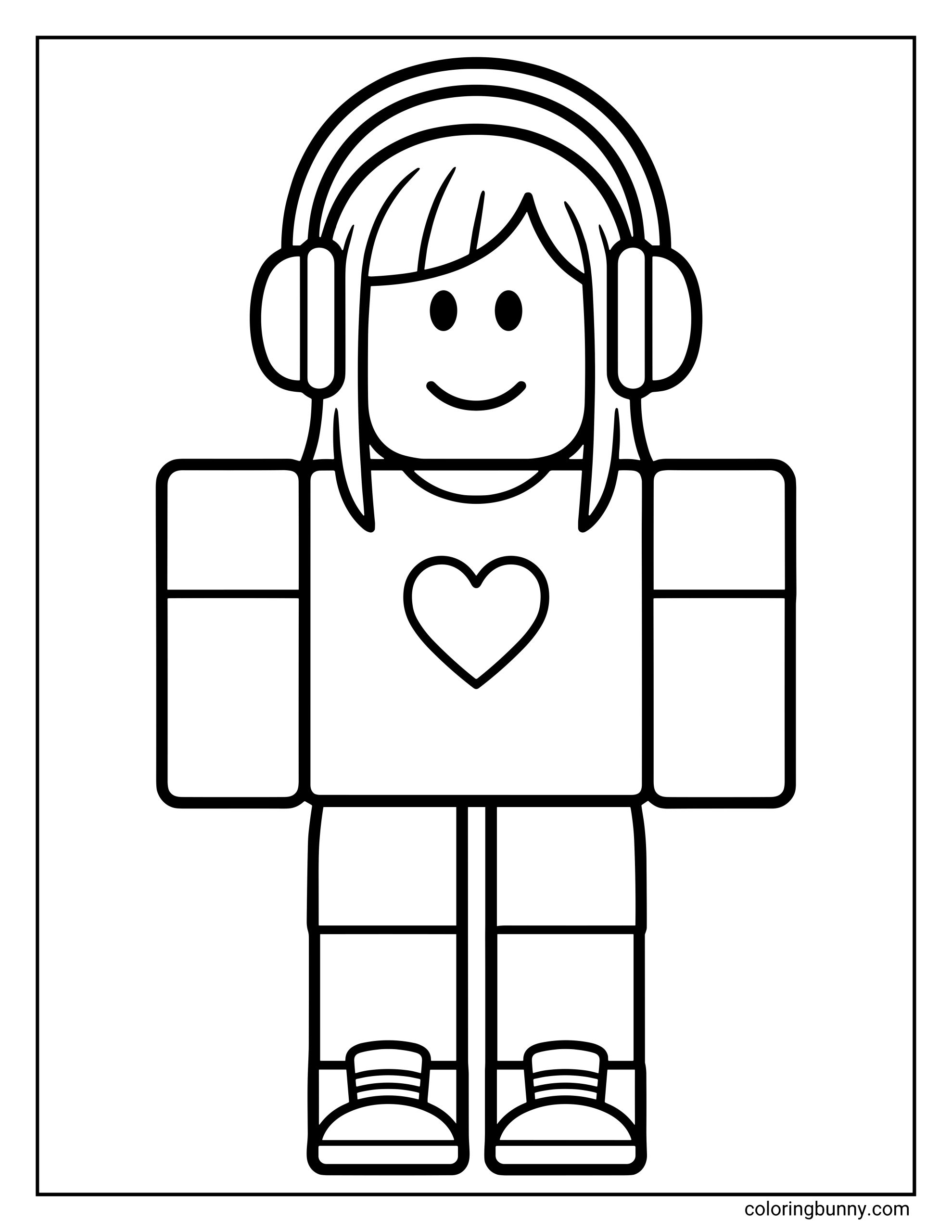 A Roblox girl avatar coloring page wearing large over-ear headphones and a simple smiling face. The blocky character has straight long hair framing her face, a shirt with a heart symbol on the front, and simple sneakers, all outlined in bold lines for easy coloring.