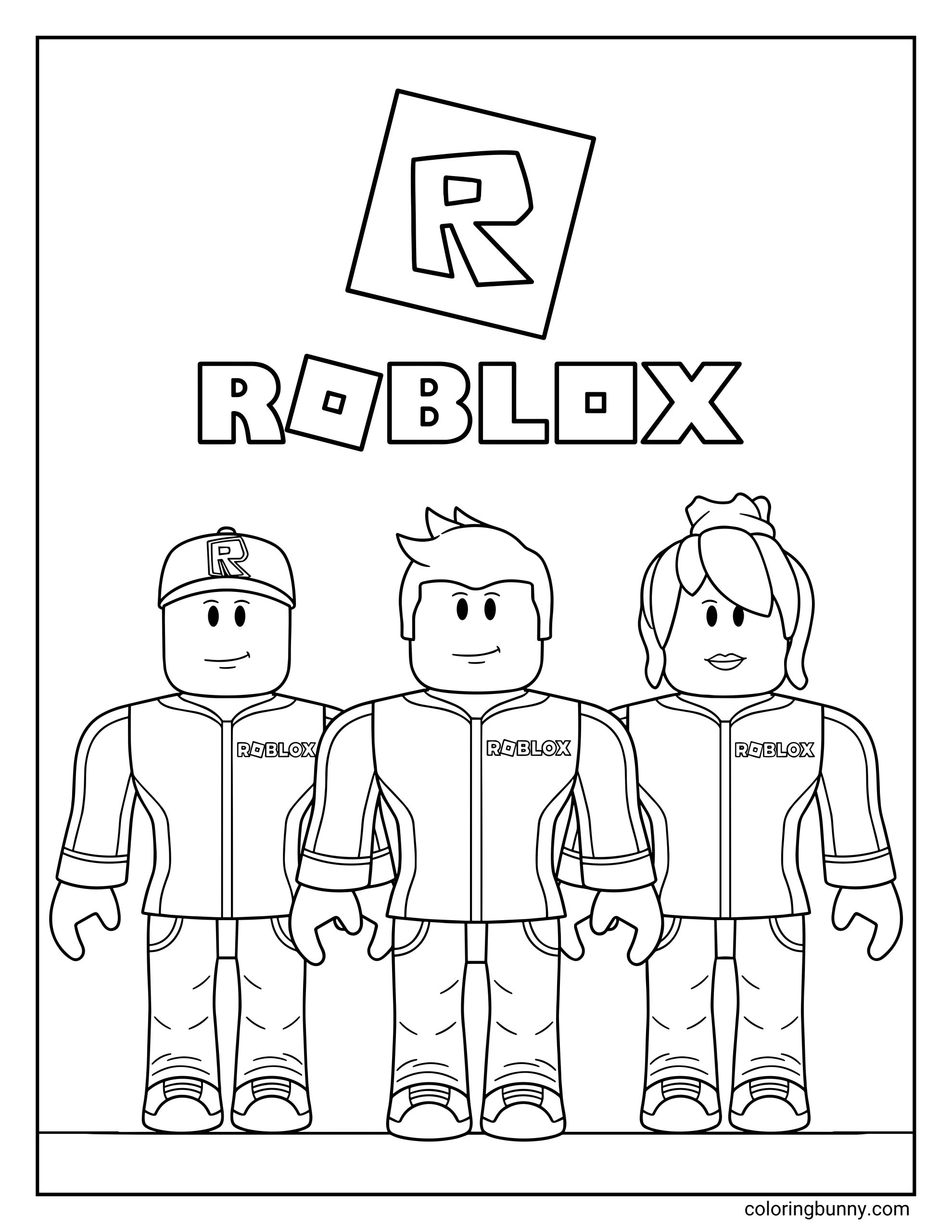 A Roblox coloring page featuring three classic Roblox guest avatars standing side by side beneath the Roblox logo. The blocky characters wear matching jackets with the Roblox name on the front, simple pants and sneakers, with one wearing a cap, all outlined clearly for easy coloring.