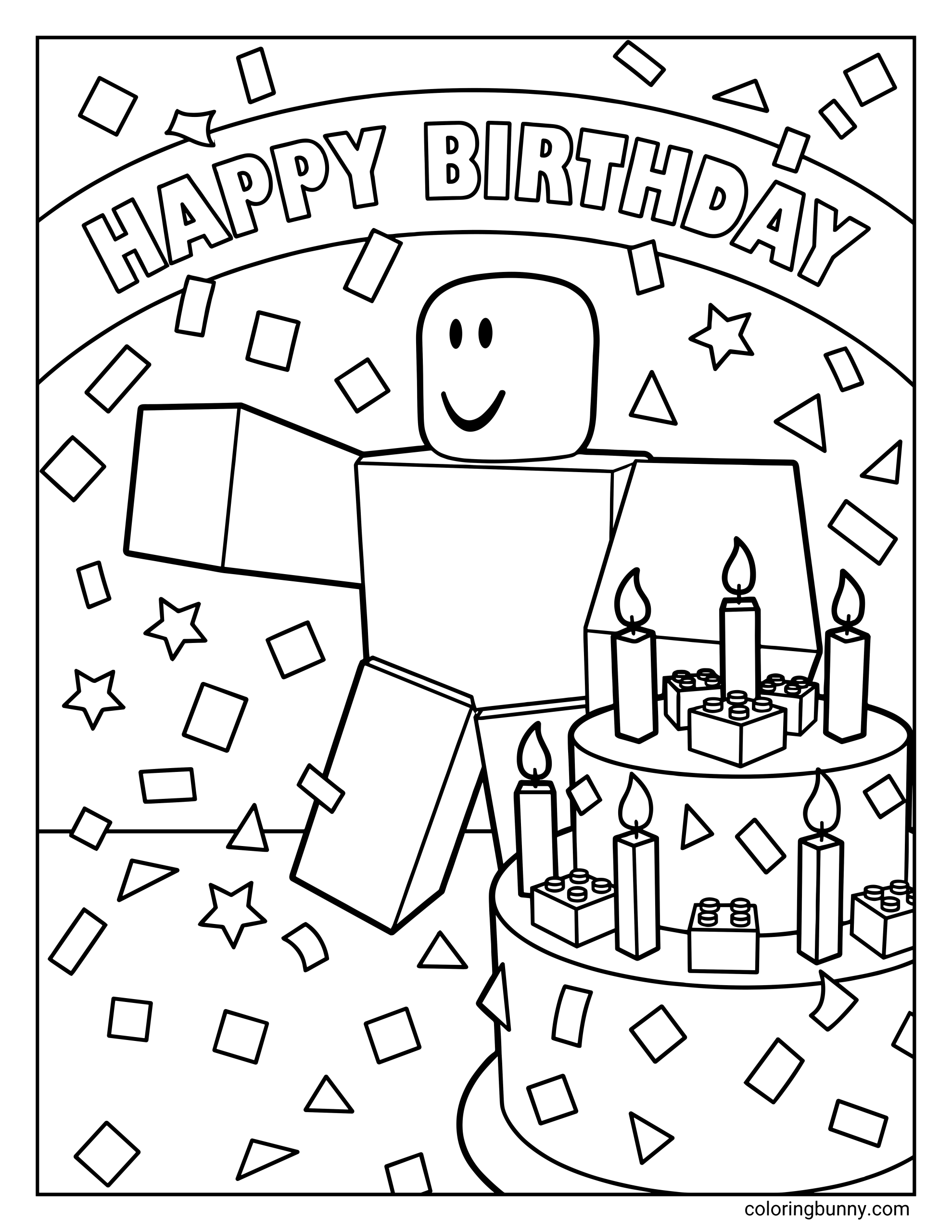 A Roblox birthday coloring page featuring a classic noob avatar celebrating in front of a large birthday cake. The blocky character stands with one arm raised under a “Happy Birthday” banner, surrounded by falling confetti.