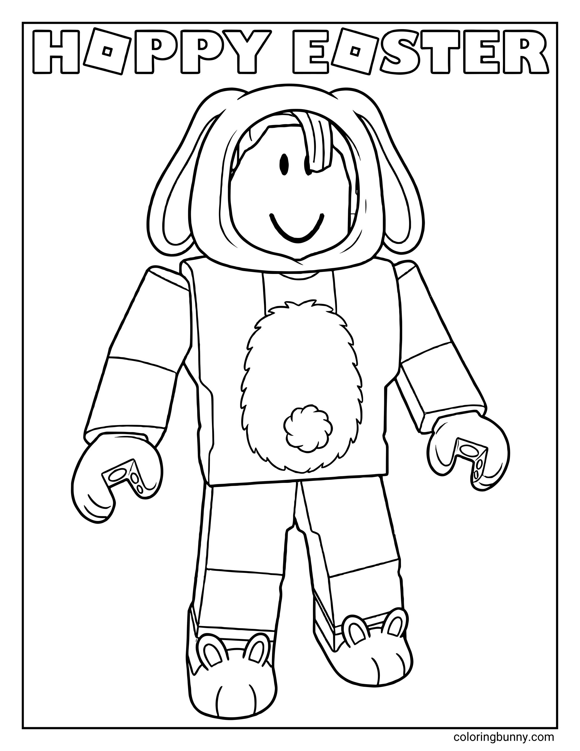 A Roblox Easter coloring page featuring a Bacon Hair avatar dressed in a bunny suit under the words “Happy Easter.” The blocky character wears a hood with floppy bunny ears, a fluffy tail on the front of the outfit, and bunny slippers.