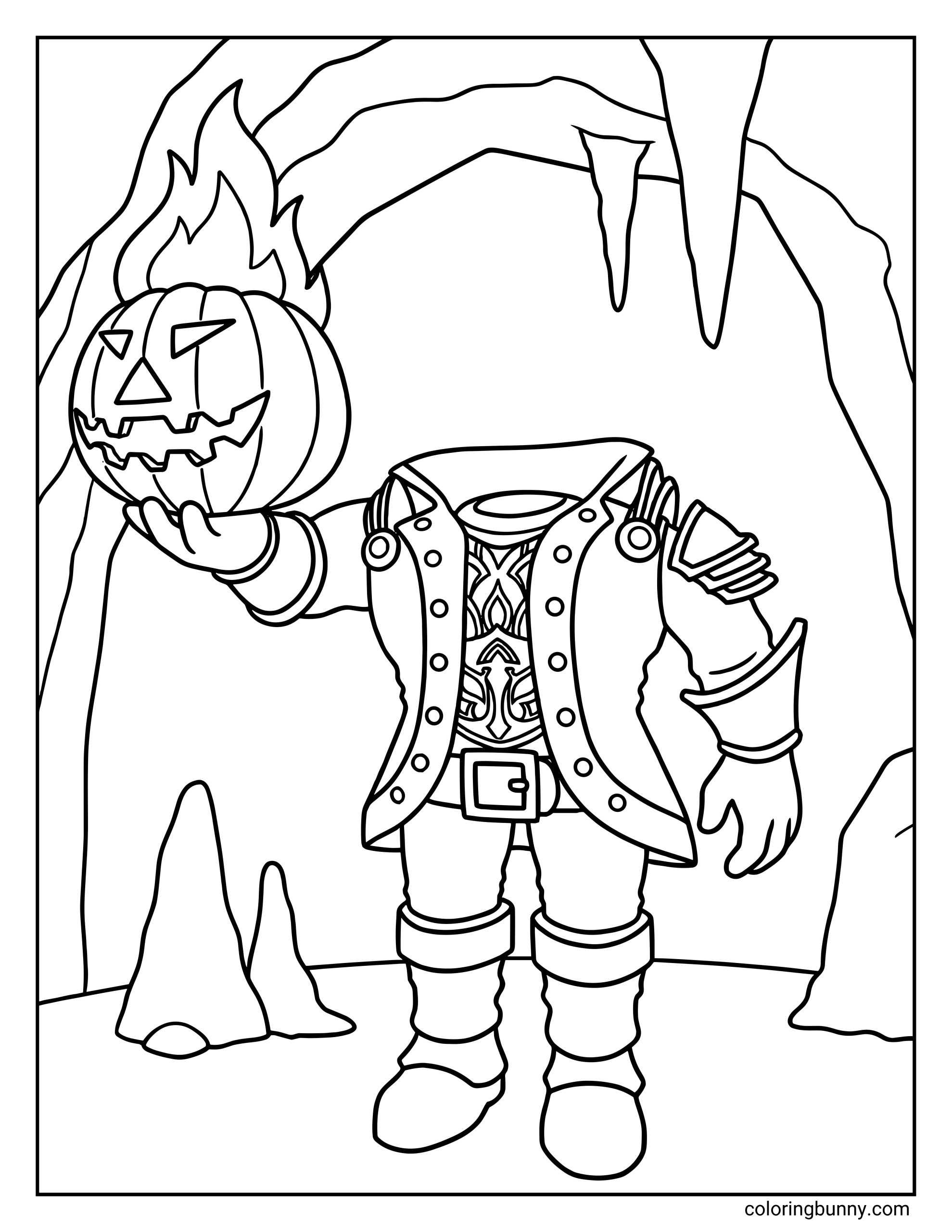 A Roblox coloring page featuring a Headless Horseman avatar standing inside a cave. The character wears a detailed coat with buttons, a belt, and shoulder armor, while holding a flaming jack-o’-lantern pumpkin head in one hand, with stalactites and rocky cave formations in the background.