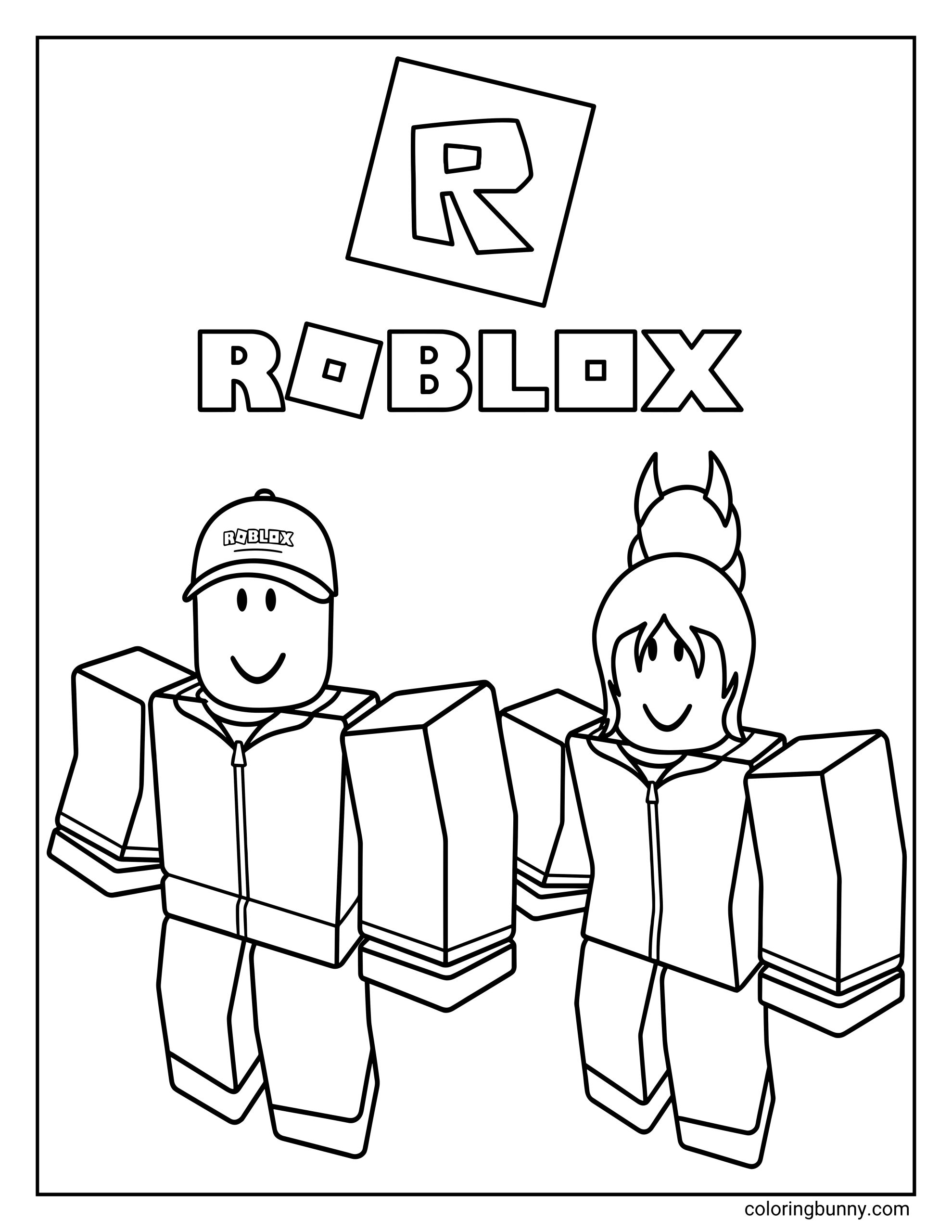 A Roblox coloring page featuring two classic avatars; John Doe and Jane Doe standing side by side beneath the Roblox logo. The blocky characters wear simple zip-up jackets and pants, with one wearing a cap and the other styled with a bun hairstyle, all outlined clearly for easy coloring.