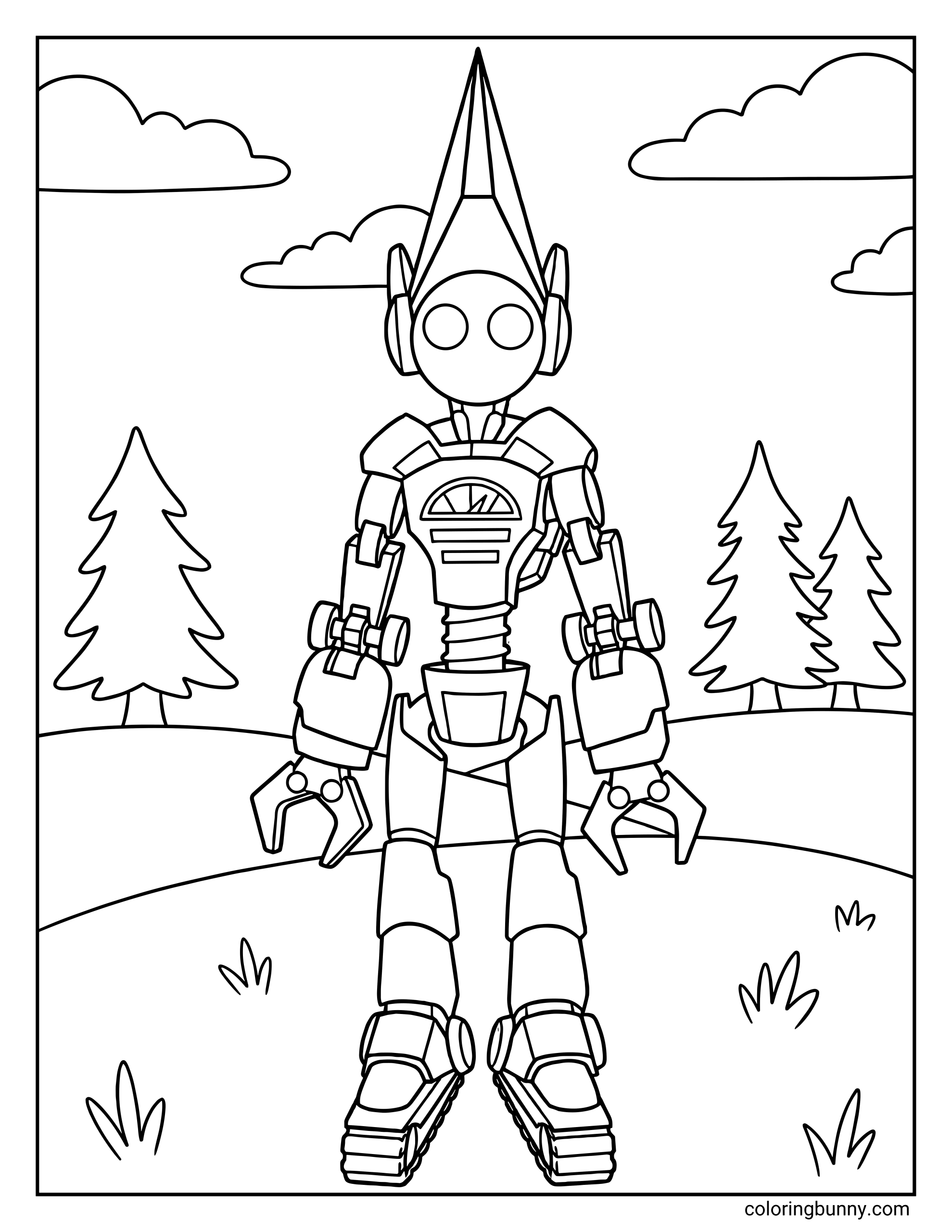 A Roblox coloring page featuring a Junkbot robot avatar standing outdoors in a simple landscape. The robot has a tall pointed headpiece, circular eyes, mechanical arms with claw-like hands, detailed chest panels, thick boots, and stands in front of trees and clouds, all outlined clearly for easy coloring.