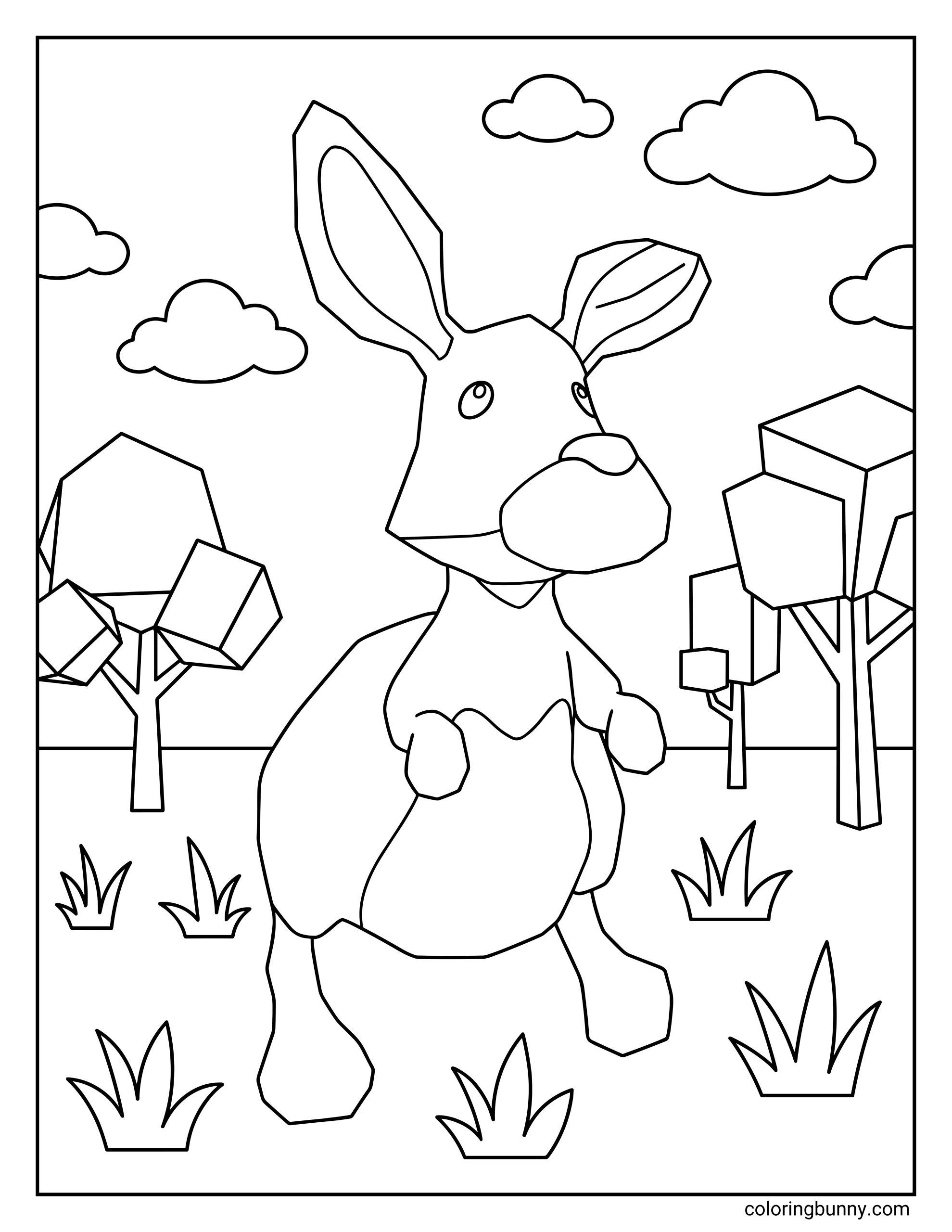 A Roblox coloring page featuring an Adopt Me kangaroo pet standing upright in an outdoor setting with simple blocky trees, clouds, and tufts of grass. The kangaroo has large ears, a rounded snout, small front paws, and a big pouch on its belly.