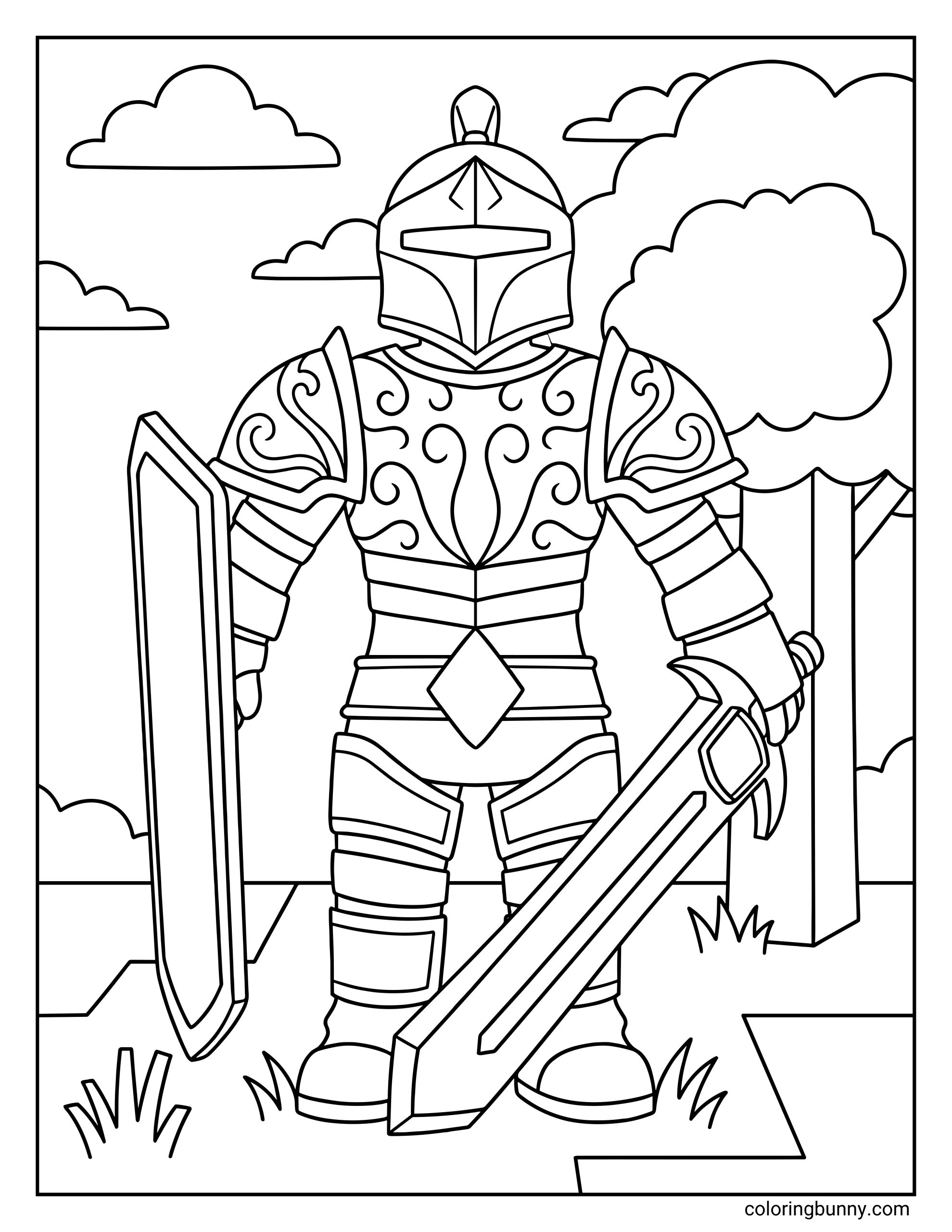 A Roblox coloring page featuring a knight in full armor holding a large shield in one hand and a sword in the other. The knight stands outdoors with blocky trees, grass, and clouds in the background. The armor has decorative swirl patterns on the chest and shoulder plates.
