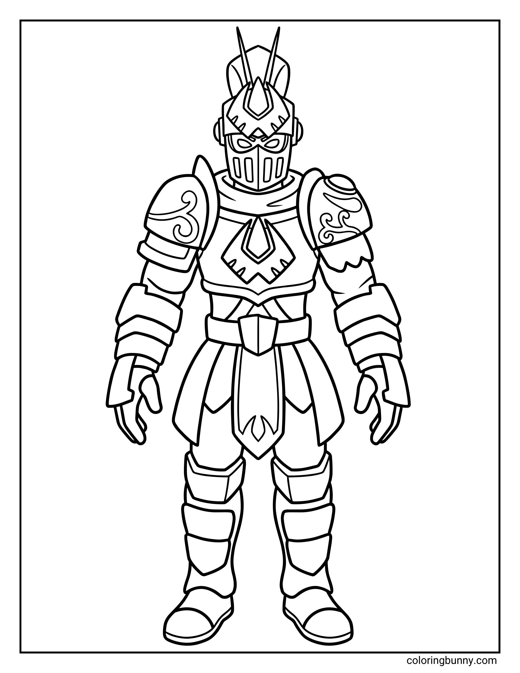 A Roblox coloring page featuring a Knights of Redcliff Paladin avatar wearing full medieval armor. The blocky character has a detailed helmet with a crest, layered shoulder plates with decorative swirls, chest armor with an emblem, armored gloves, leg guards, and sturdy boots, all outlined clearly for easy coloring.