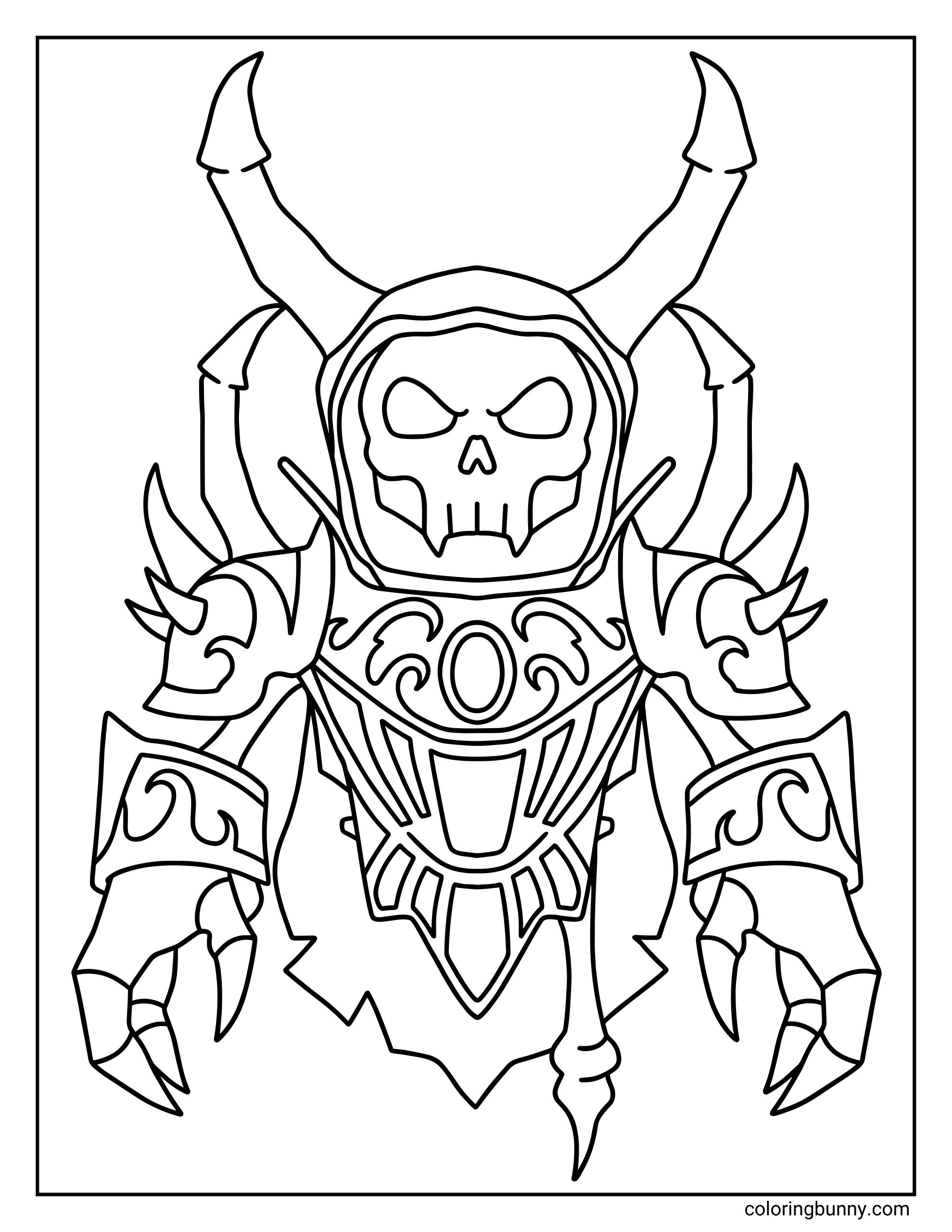 A Roblox coloring page featuring a Korblox Deathspeaker avatar wearing spiked armor. The blocky character has large curved horns, sharp clawed gauntlets, layered chest armor with ornate patterns, and dramatic shoulder spikes, all outlined in bold lines for detailed coloring.
