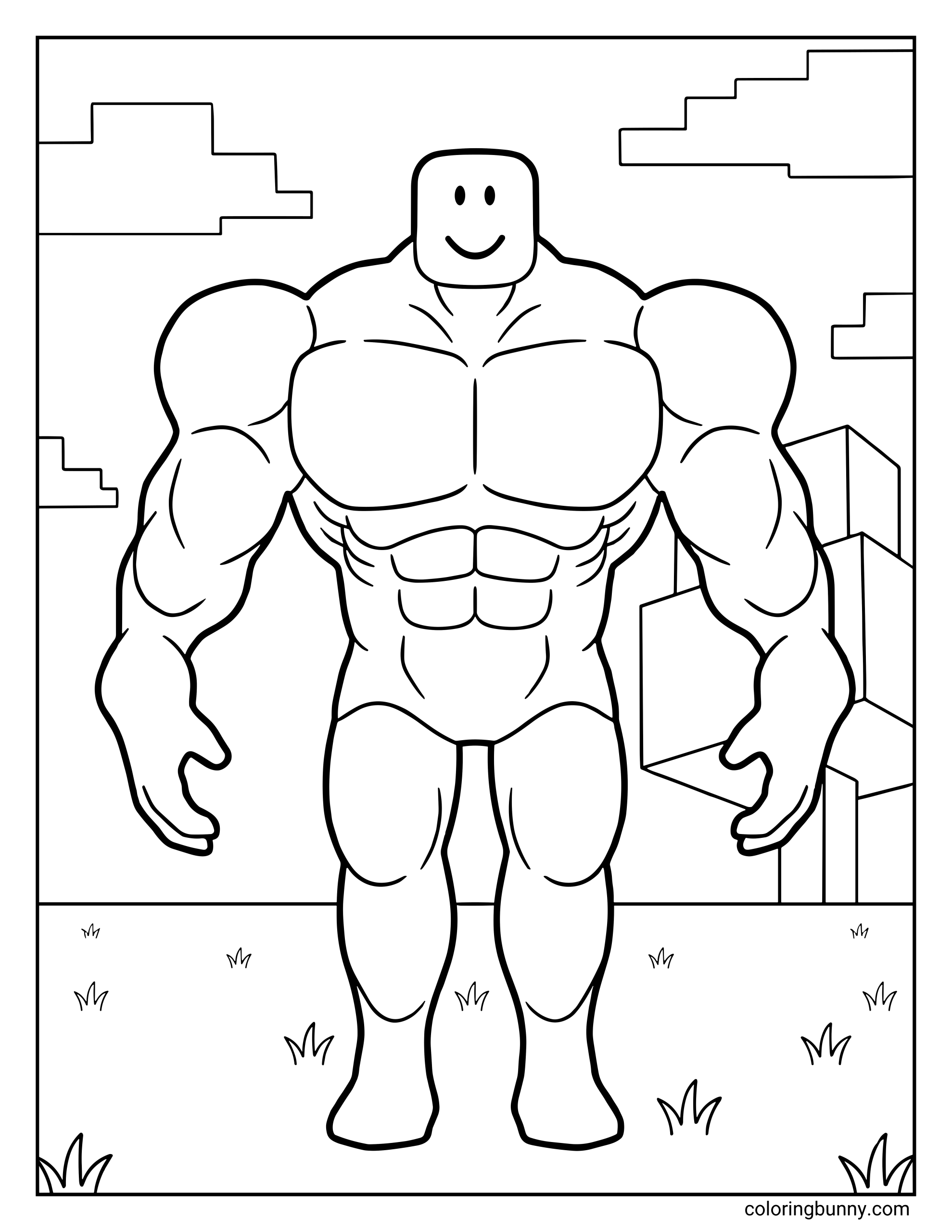 A Roblox coloring page featuring a Mega Noob avatar with an oversized muscular body and a simple smiling block head. The character has exaggerated chest, arm, and leg muscles, standing outdoors with blocky clouds and buildings in the background.