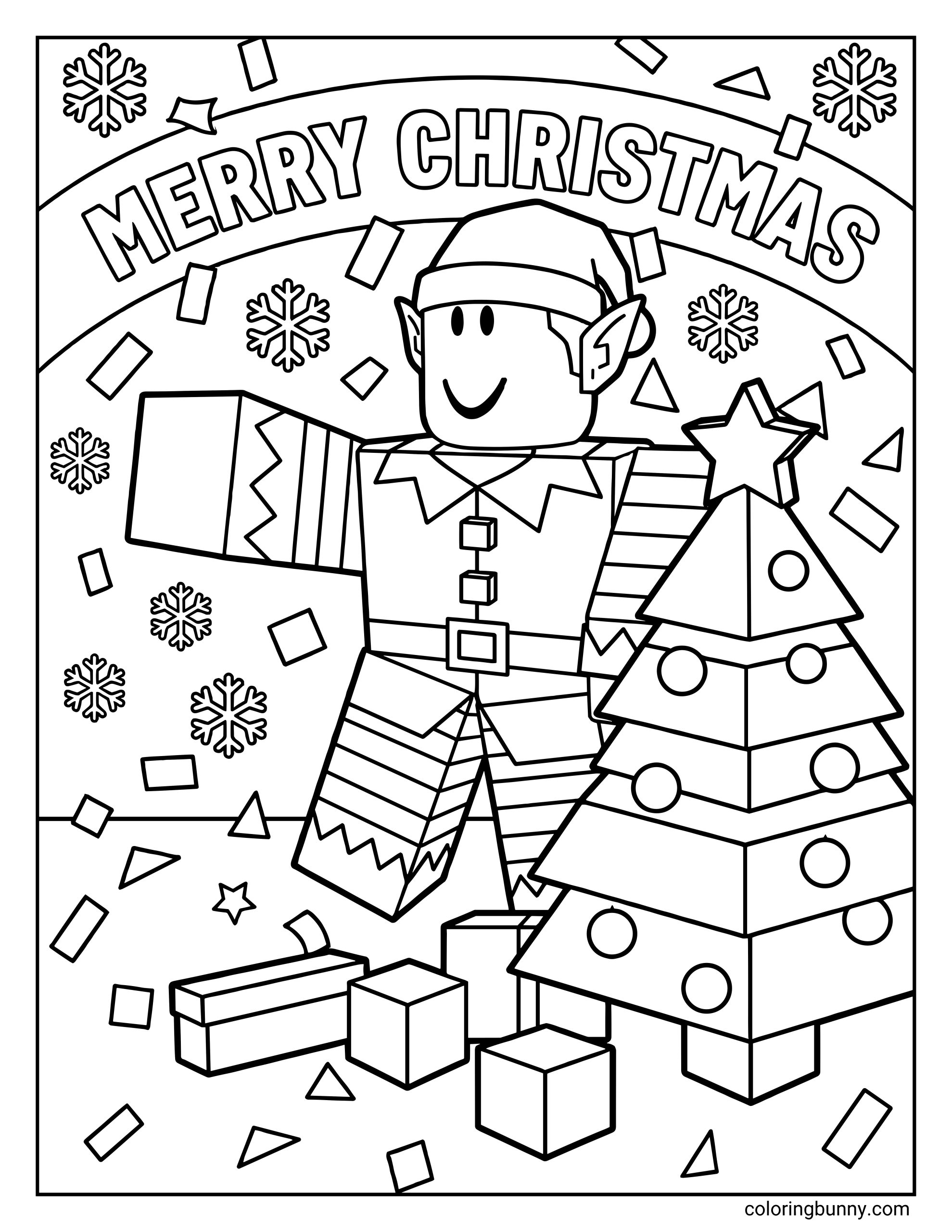 A Roblox coloring page featuring a noob avatar dressed in an elf suit under a “Merry Christmas” banner. The blocky character wears a Christmas hat and pointed elf ears, standing beside a decorated Christmas tree with a star on top, wrapped presents, falling confetti, and snowflakes in the background.