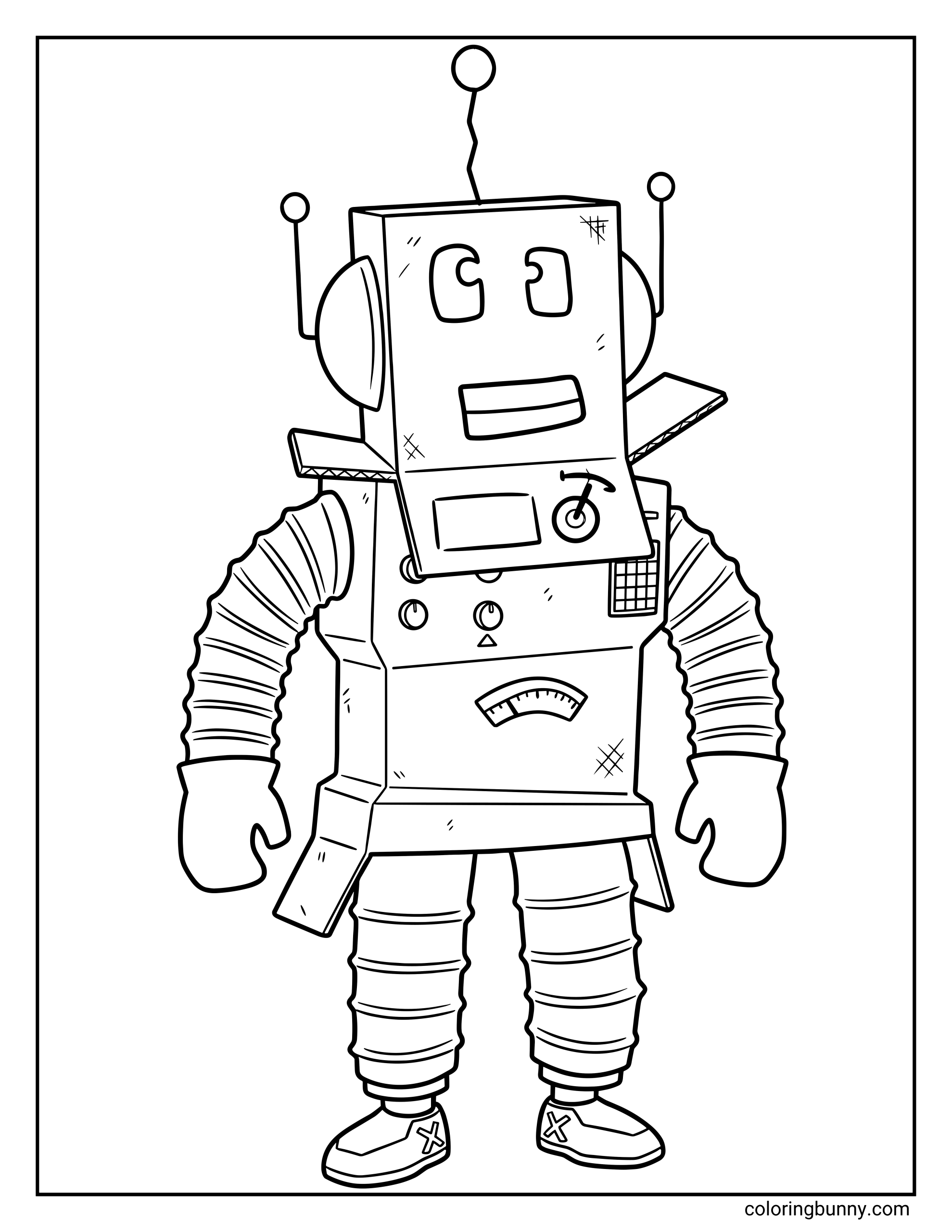 A Roblox coloring page featuring a Mr. Robot avatar with a boxy mechanical body and head. The character has antennae on top, round ear panels, expressive eyes, control dials and buttons on the chest, flexible tube-like arms and legs, and sturdy boots, all outlined clearly for detailed coloring.