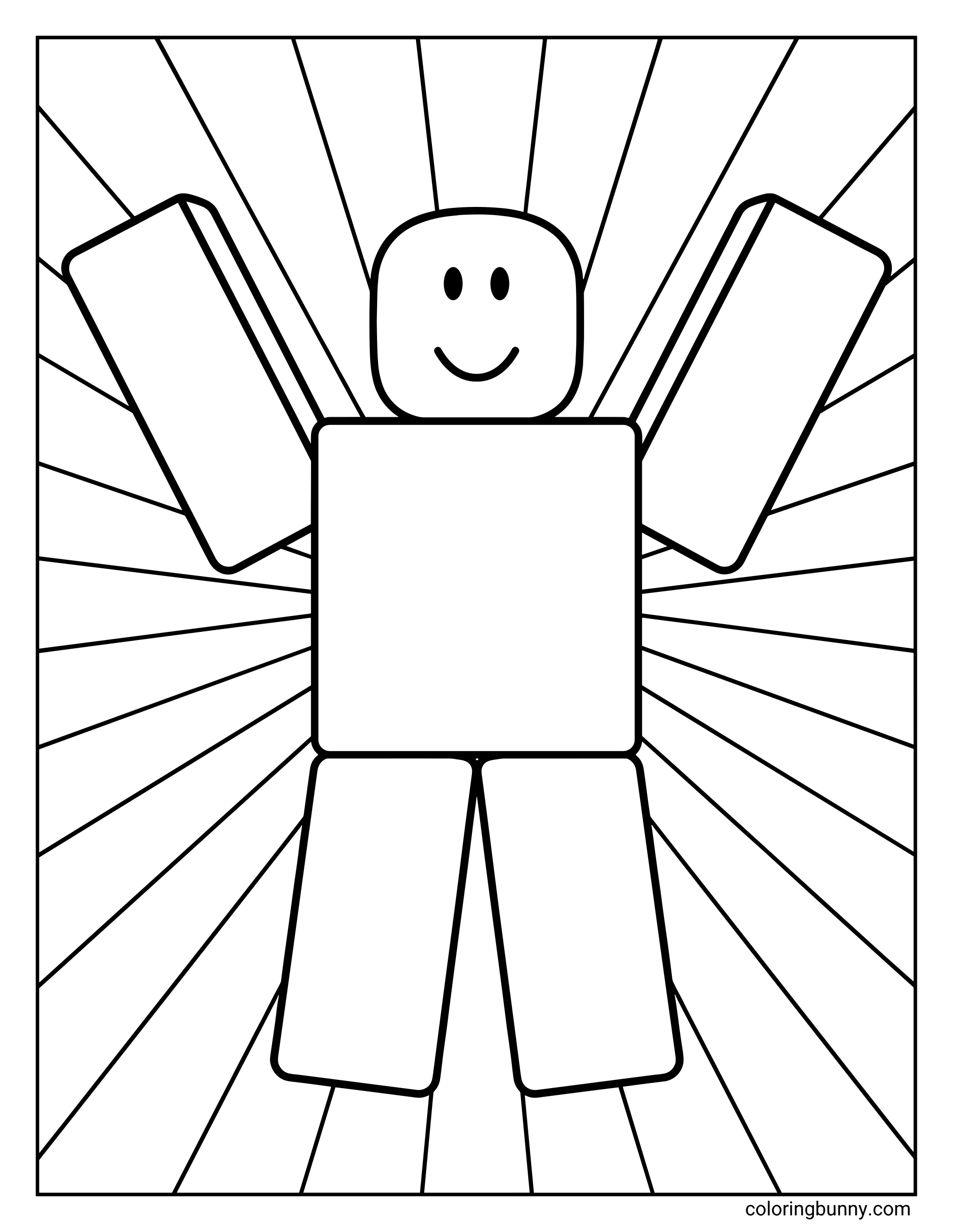 A Roblox coloring page featuring a simple noob avatar standing with both arms raised in a cheerful pose. The blocky character has a smiling face and is surrounded by bold sunbeam rays radiating outward in the background, creating an energetic and playful scene.