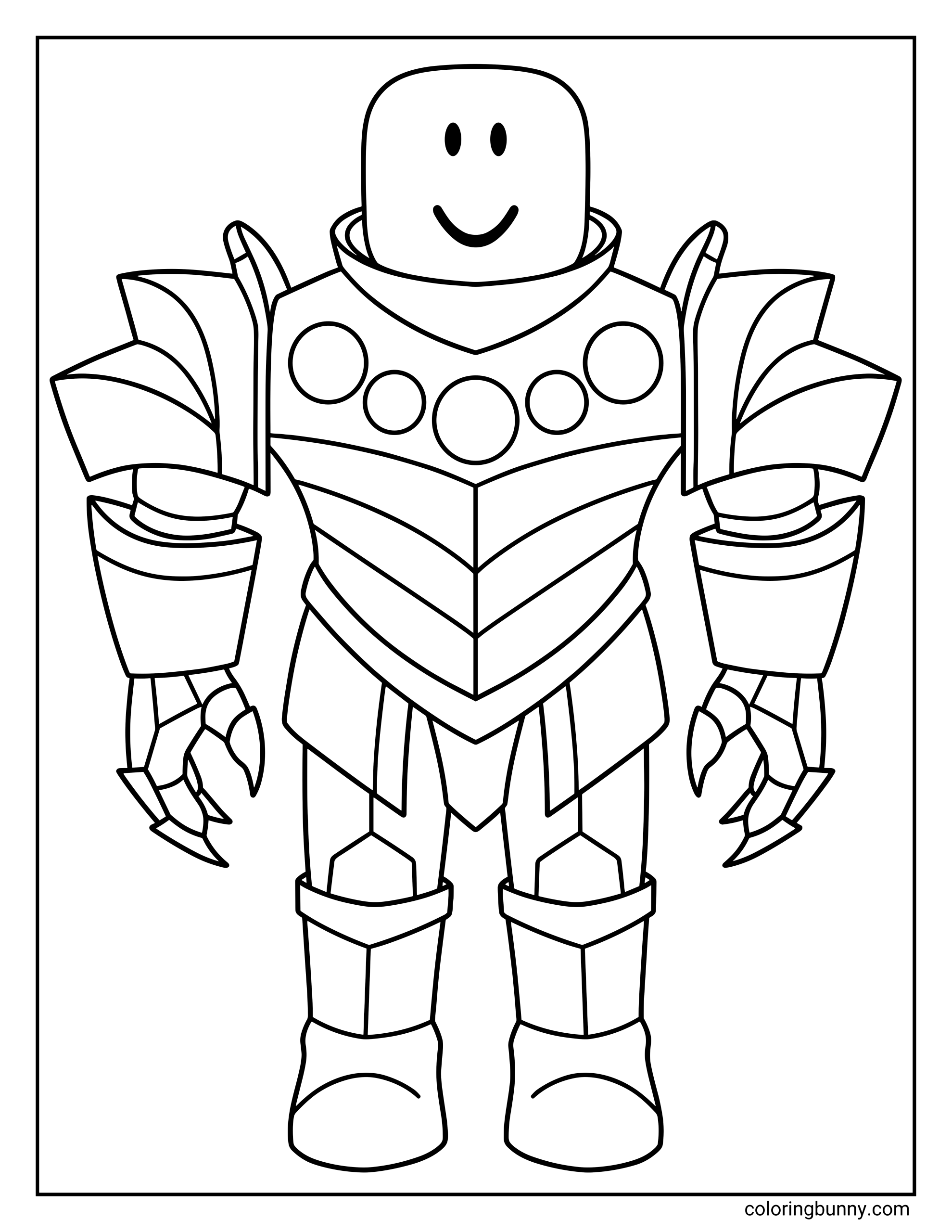 A Roblox coloring page featuring the Overseer avatar wearing detailed futuristic armor. The blocky character has large shoulder plates, layered chest armor with circular emblems, claw-like gauntlets, armored boots, and a simple smiling Roblox face, all outlined in bold lines for easy coloring.