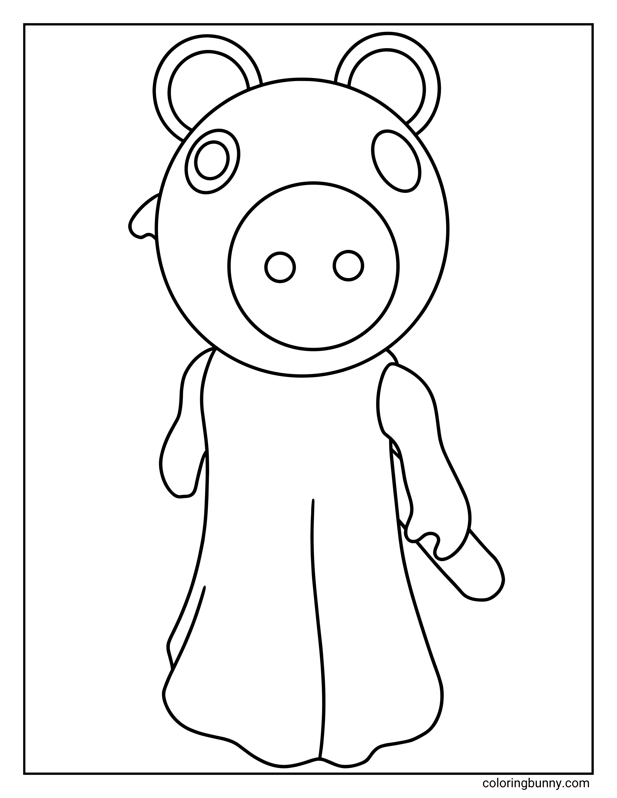 A Roblox coloring page featuring the Piggy character with a round pig face, circular ears, and simple eyes. The character stands upright wearing a long dress and carrying a wooden bat, all outlined in bold lines for easy coloring.