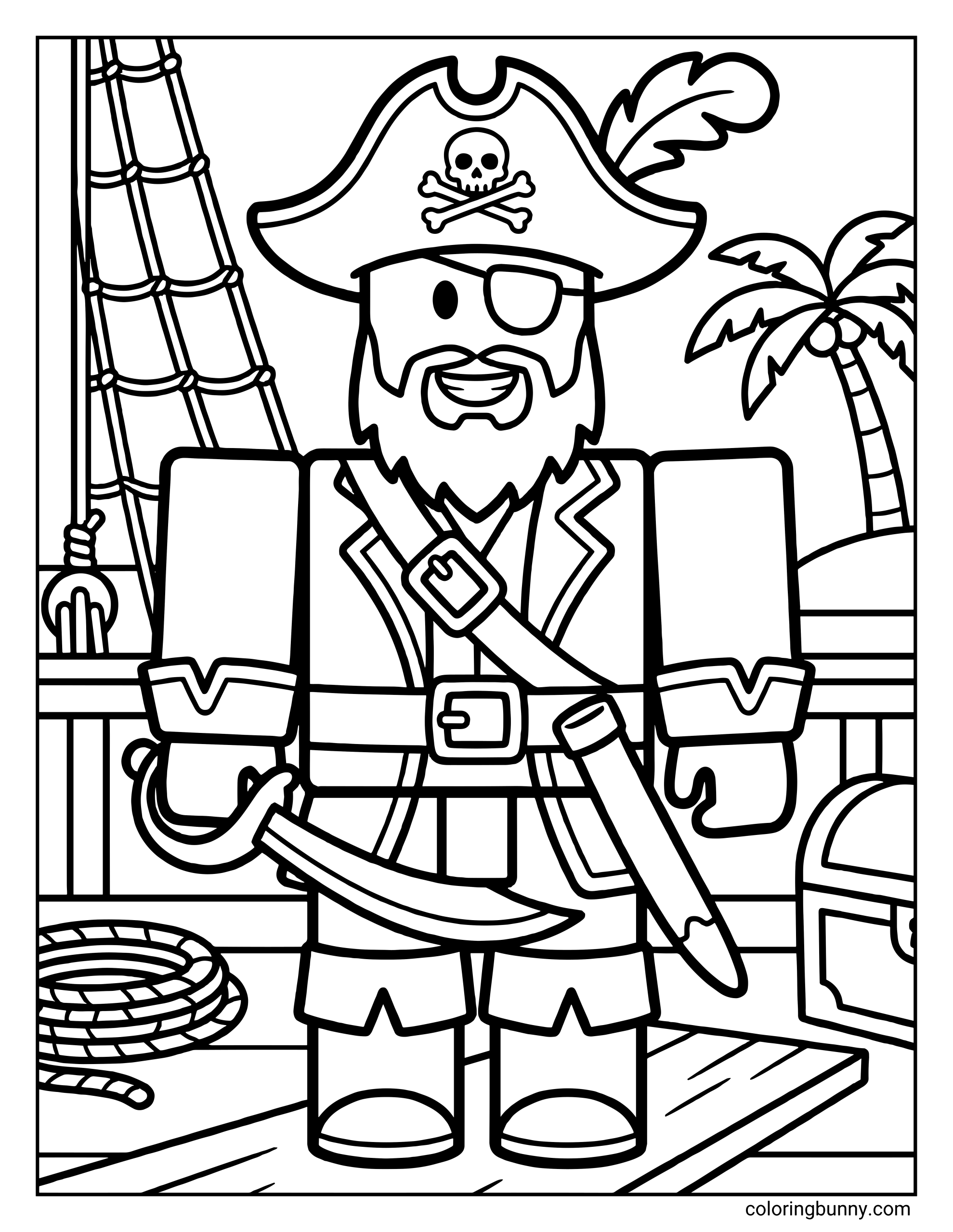 A Roblox coloring page featuring a pirate avatar standing on a wooden ship deck with a sword. The character wears a large pirate hat, an eye patch, a beard, and a detailed coat, with a treasure chest, rope, ship mast, and palm tree visible in the background.
