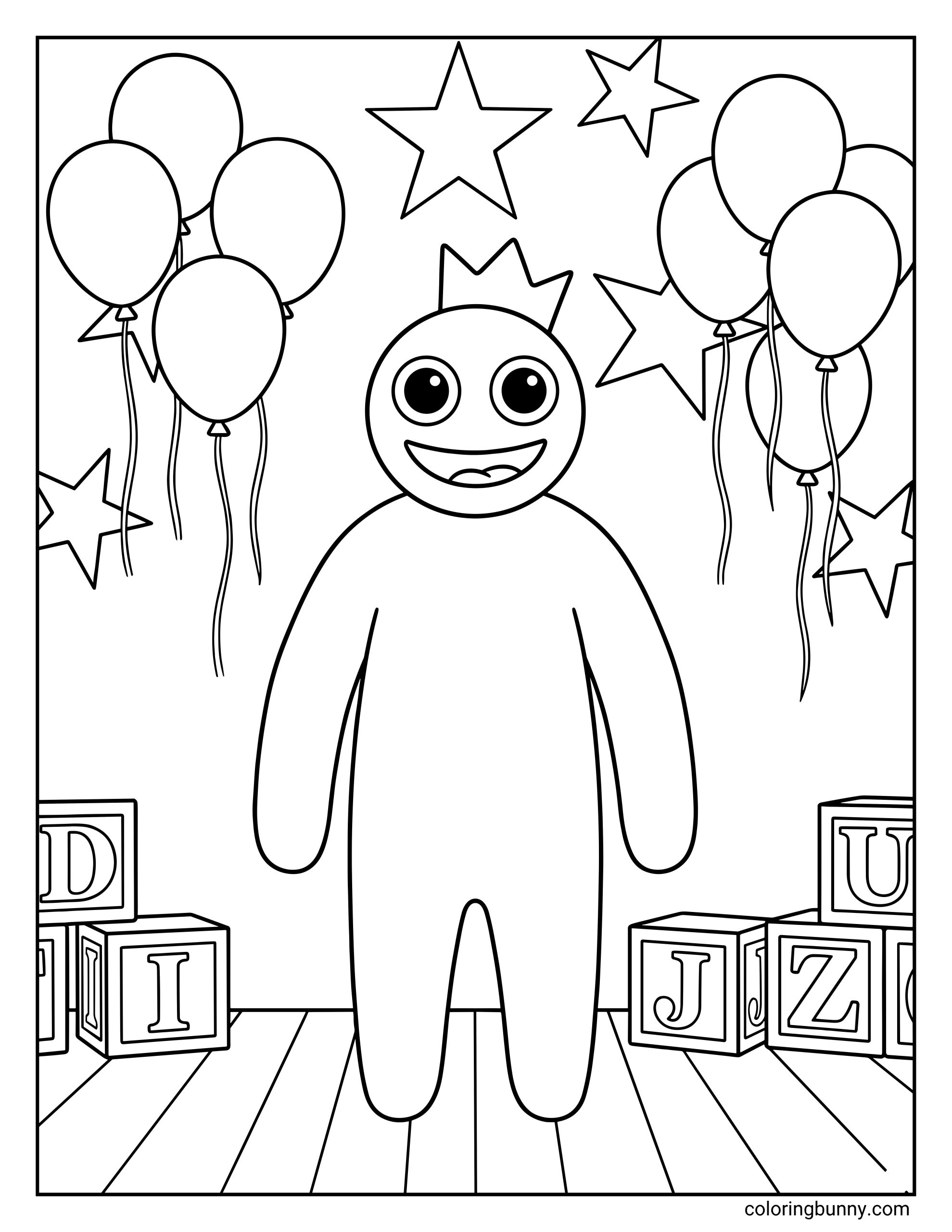 A Roblox coloring page featuring a Rainbow Friends character with a small crown and large round eyes, standing in a decorated room with balloons, stars, and alphabet blocks on the floor. The character is centered and smiling, surrounded by party decorations.