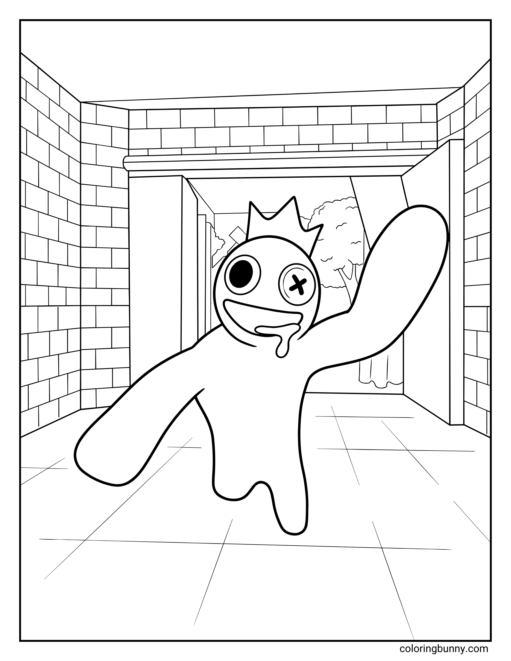 A Roblox coloring page featuring a Rainbow Friends character running inside a brick hallway. The character has a simple rounded body, one large circular eye, one X-shaped eye, a small crown on its head, and drool dripping from its mouth, all outlined clearly for easy coloring.