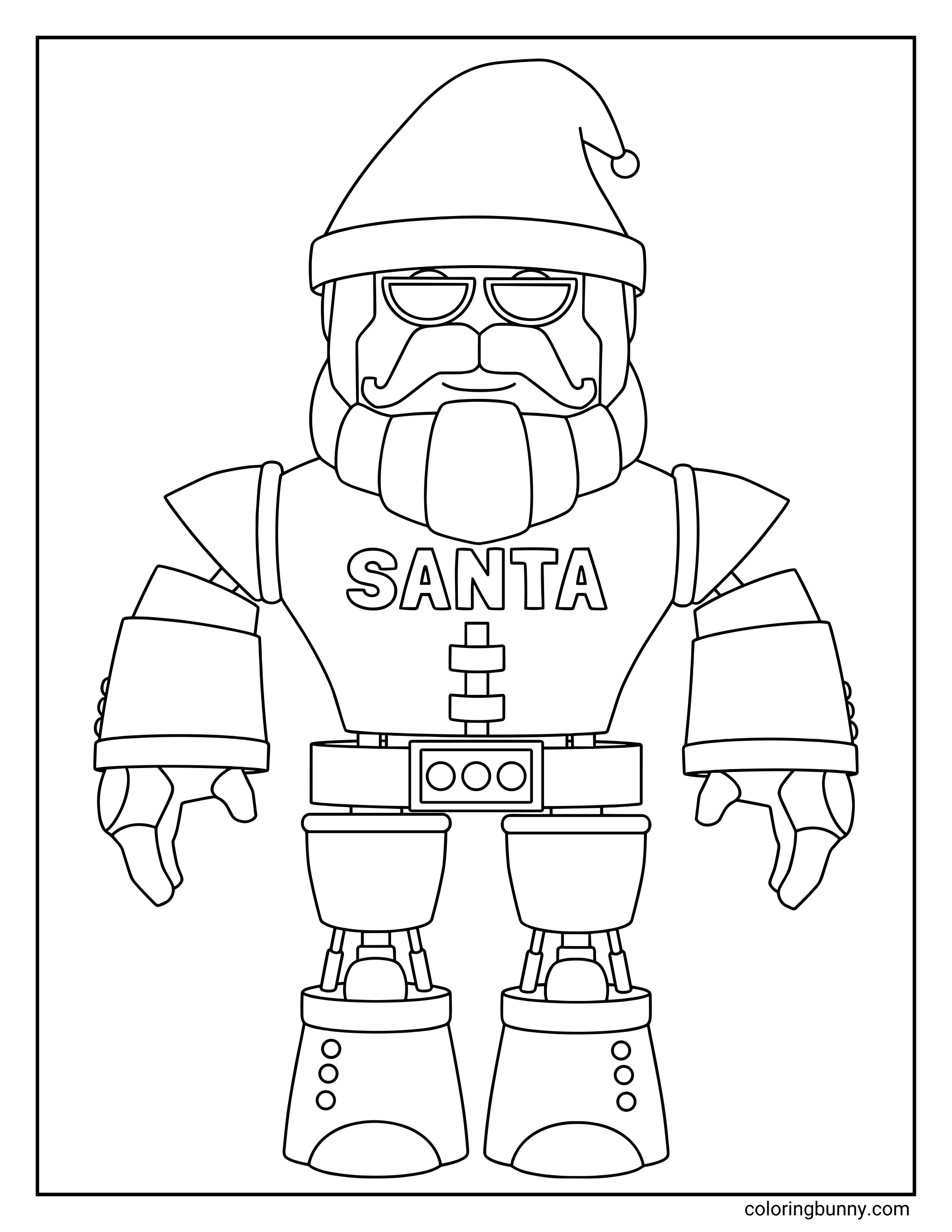 A Roblox coloring page featuring a robotic Santa character standing upright. The character wears a Santa hat, has a beard and mustache, mechanical-style arms and legs, a belt with circular details, and the word “SANTA” written across the chest.