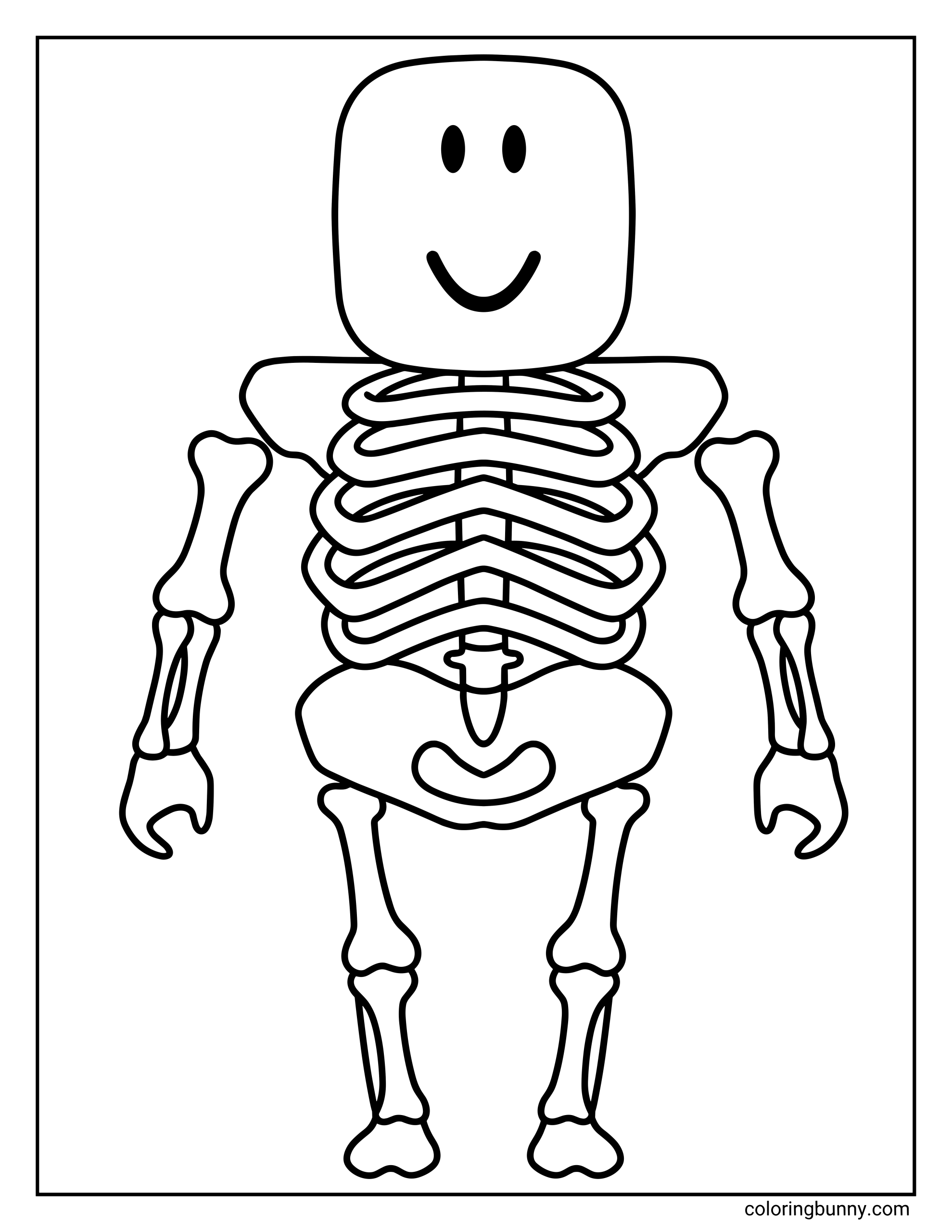 A Roblox coloring page featuring a skeleton-style avatar with visible rib bones, arm and leg bones, and a smiling blocky Roblox face. The character stands upright with detailed skeletal outlines across the torso and limbs, all drawn in bold lines for easy Halloween-themed coloring.