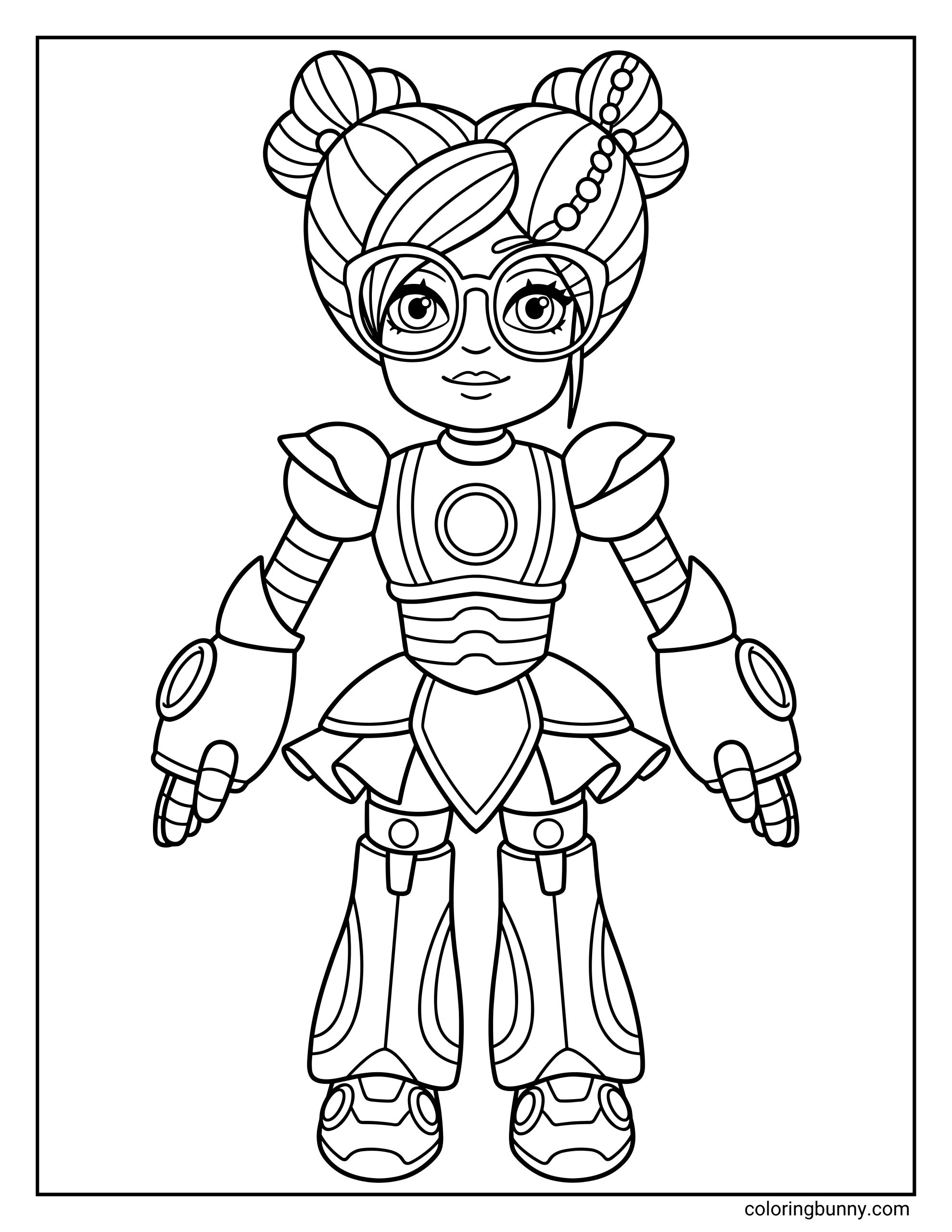 A Roblox coloring page featuring a Sparks Kilowatt avatar from Metaverse Champions wearing futuristic robotic armor. The character has large round glasses, hair styled in two buns with decorative beads, shoulder plates, mechanical arm pieces, a circular emblem on the chest, and armored boots, all outlined clearly for easy coloring.