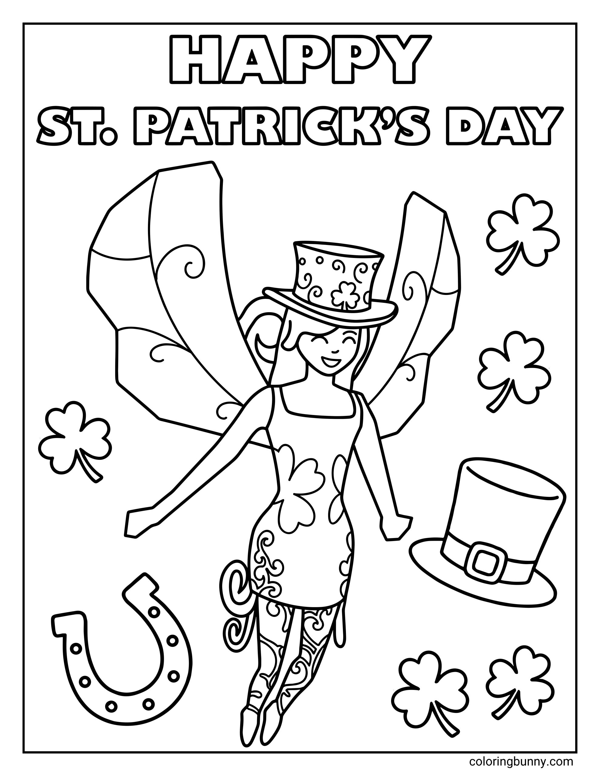 A Roblox-themed coloring page featuring a St. Patrick’s Day fairy with large decorative wings, wearing a shamrock-patterned dress and a tall leprechaun-style hat. The fairy is surrounded by clovers, a horseshoe, and an extra top hat, with “Happy St. Patrick’s Day” written across the top.