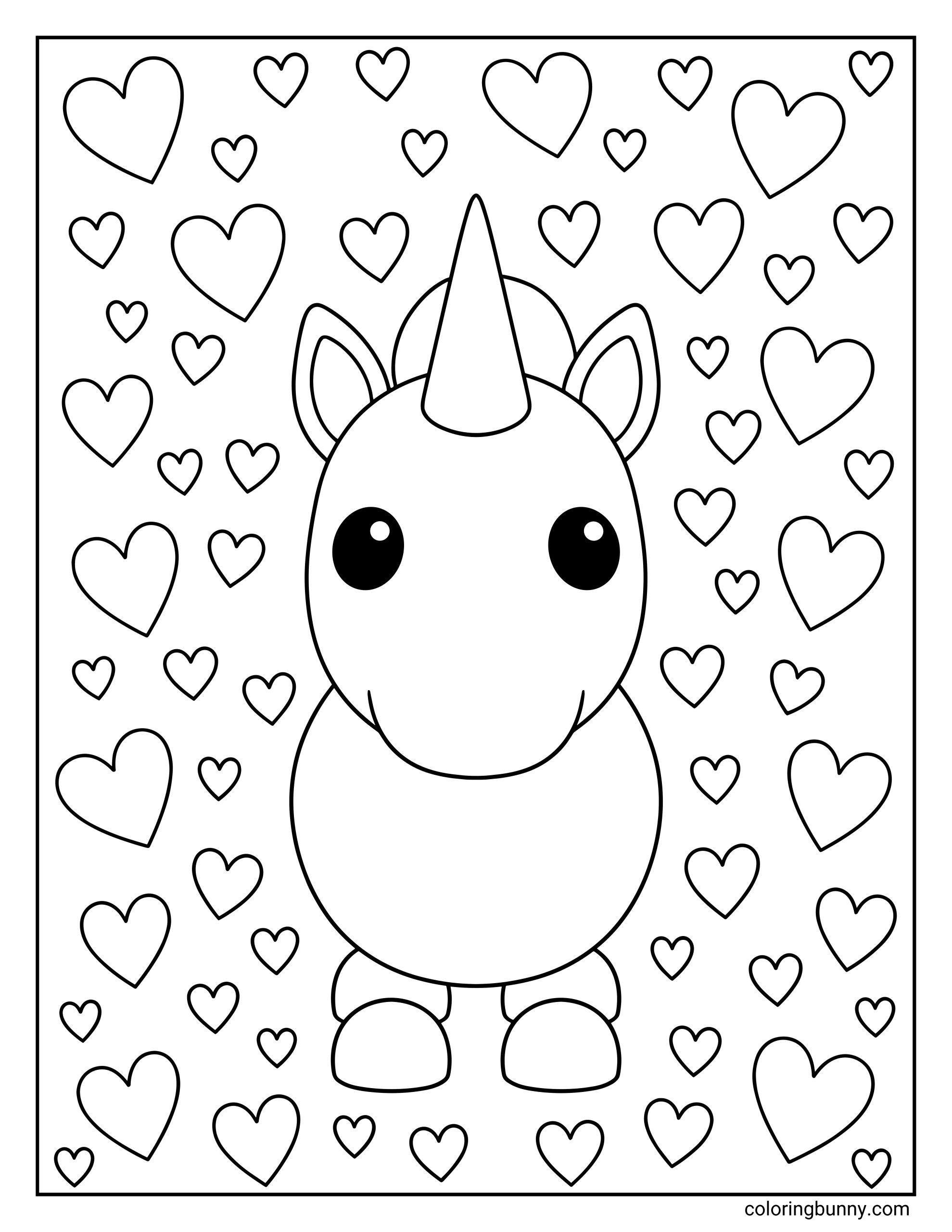 A Roblox coloring page featuring a cute unicorn Adopt Me pet. The unicorn has a large round head, big eyes, a single horn, small ears, and a rounded body, surrounded by floating hearts in the background.