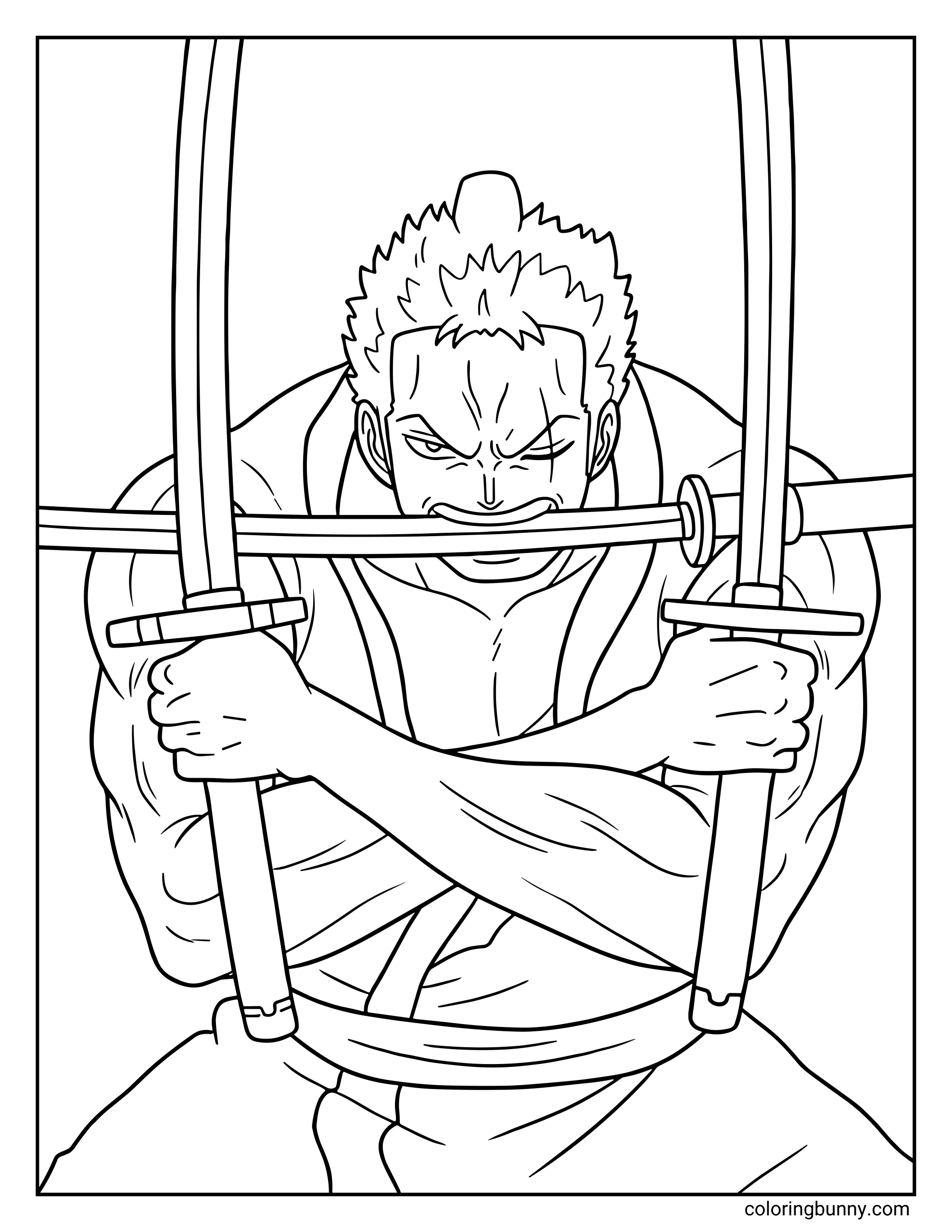 A Roronoa Zoro One Piece coloring page showing Zoro in his powerful three-sword fighting style, gripping two katanas in his hands while holding a third sword in his mouth. With a fierce expression and muscular stance, the Straw Hat Pirates’ swordsman crosses his arms as the blades frame his face, highlighting his iconic Santoryu technique.