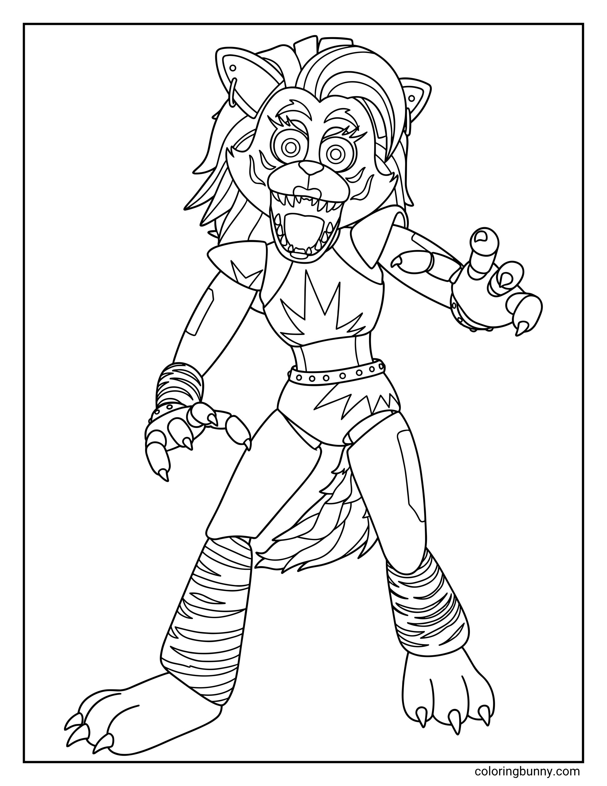 Simple Roxanne Wolf coloring page for kids showing the character in a full-body view. The illustration highlights her 80s-inspired rockstar outfit, including a star-shaped chest plate, hoop earrings, and striped leg warmers. Her hair flows behind her, and her hands feature sharp mechanical claws, all rendered in clean black and white outlines.