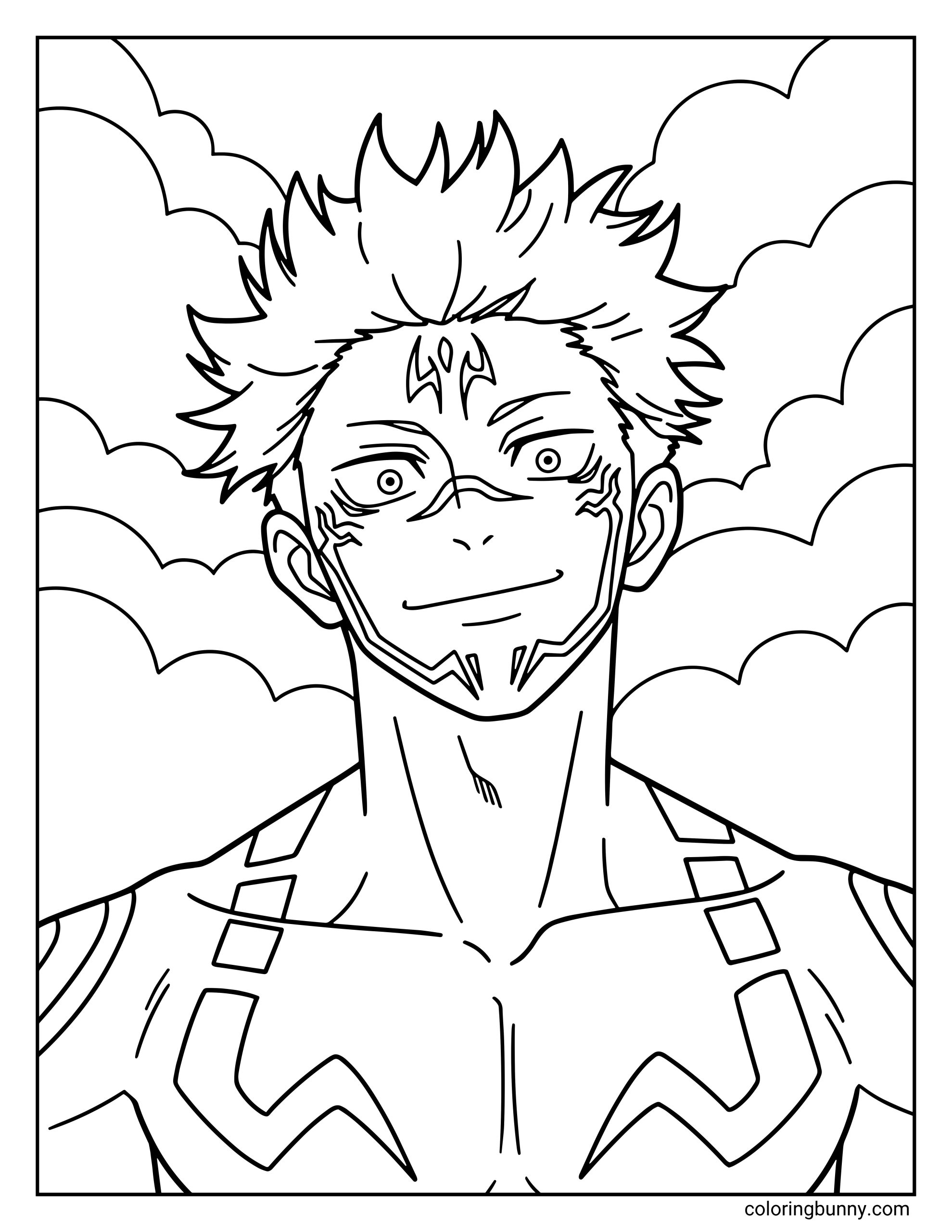 A Jujutsu Kaisen coloring page featuring Ryomen Sukuna, the King of Curses, standing confidently with his distinctive curse markings covering his face and torso. Sukuna stares forward with a calm yet sinister smile as clouds swirl behind him, highlighting the terrifying presence of one of the most powerful curses in the series.