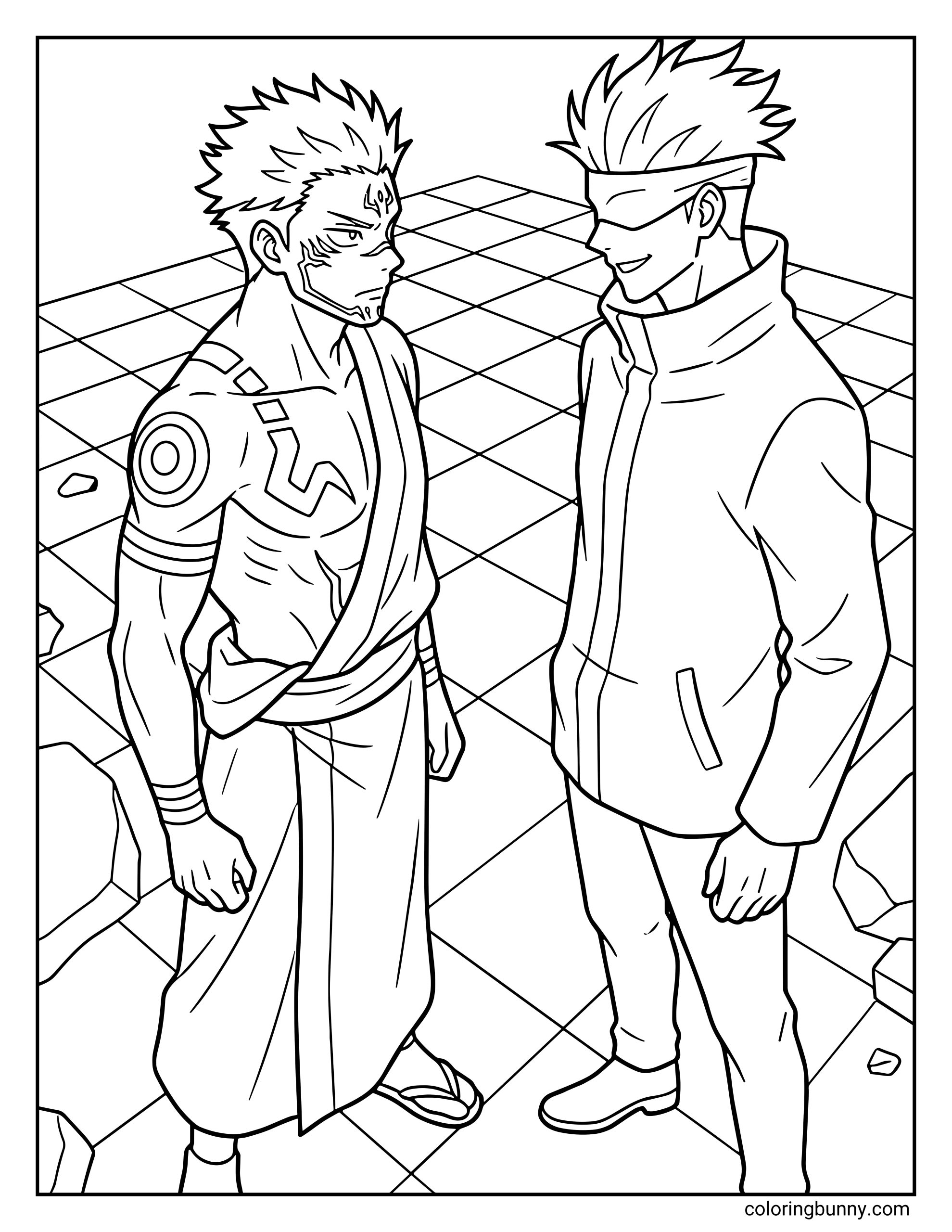 A Jujutsu Kaisen coloring page featuring Ryomen Sukuna facing Satoru Gojo, standing across from each other. Sukuna’s body is covered with his distinctive curse markings and confident glare, while Gojo stands calmly with his blindfold and high-collar uniform, capturing the tense moment before the clash between the King of Curses and the strongest sorcerer.