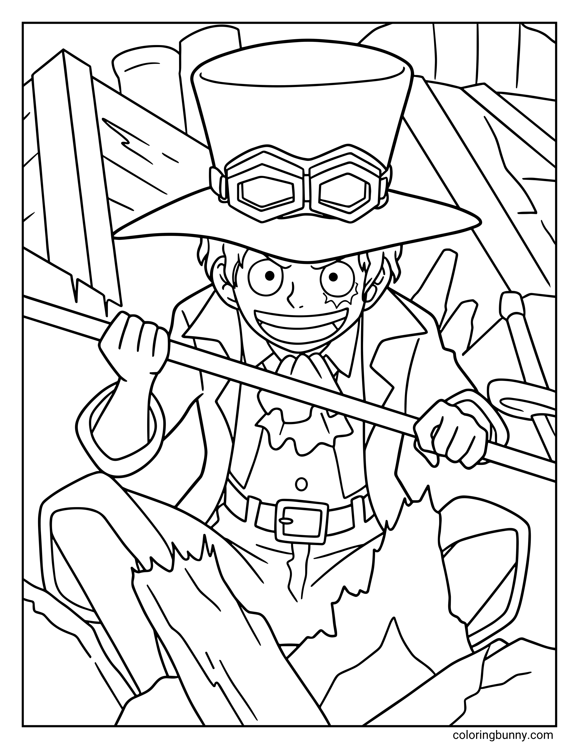 A Sabo One Piece coloring page showing the Revolutionary Army’s chief of staff holding his metal staff while wearing his tall top hat with goggles. With a confident grin and his distinctive scar around his eye, Sabo stands ready for action among broken debris.