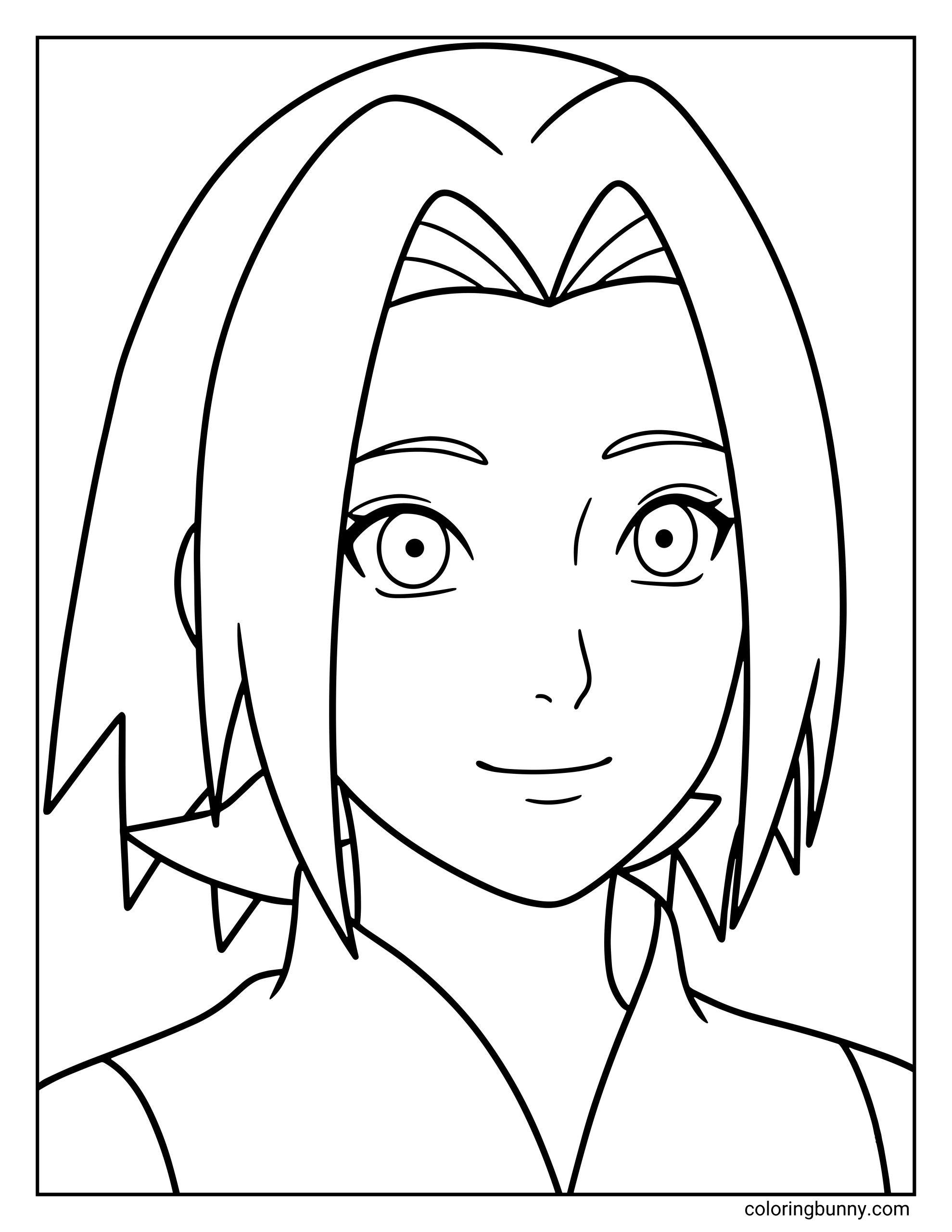 A Naruto coloring page featuring Sakura Haruno in a close-up portrait with her short hair and calm smile. She appears confident and kind, representing the skilled medical ninja from Naruto and a key member of Team 7 alongside Naruto and Sasuke.