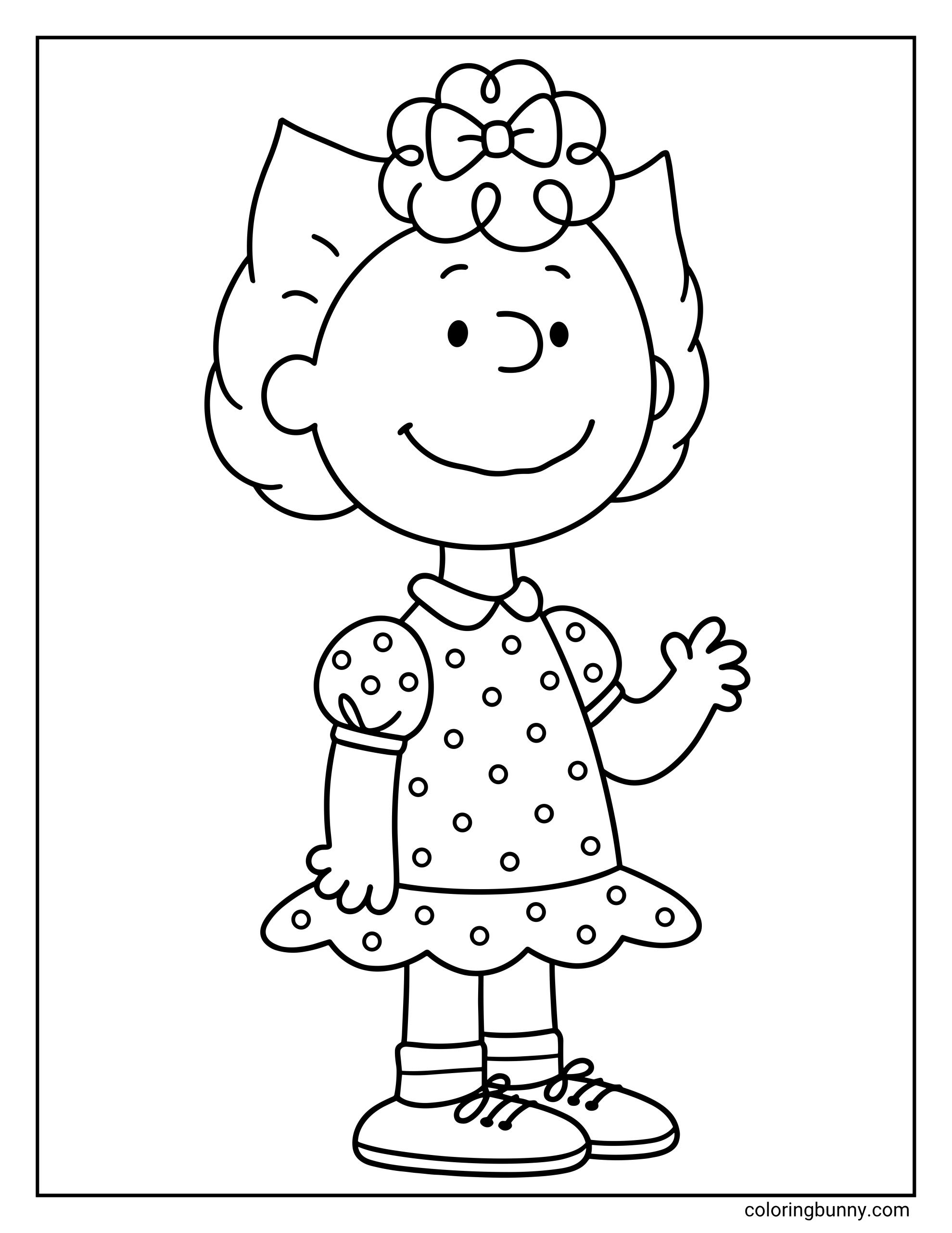 Sally Brown coloring page featuring the Peanuts character by herself, smiling in a polka dot dress with a flower hair accessory and classic simple line art.