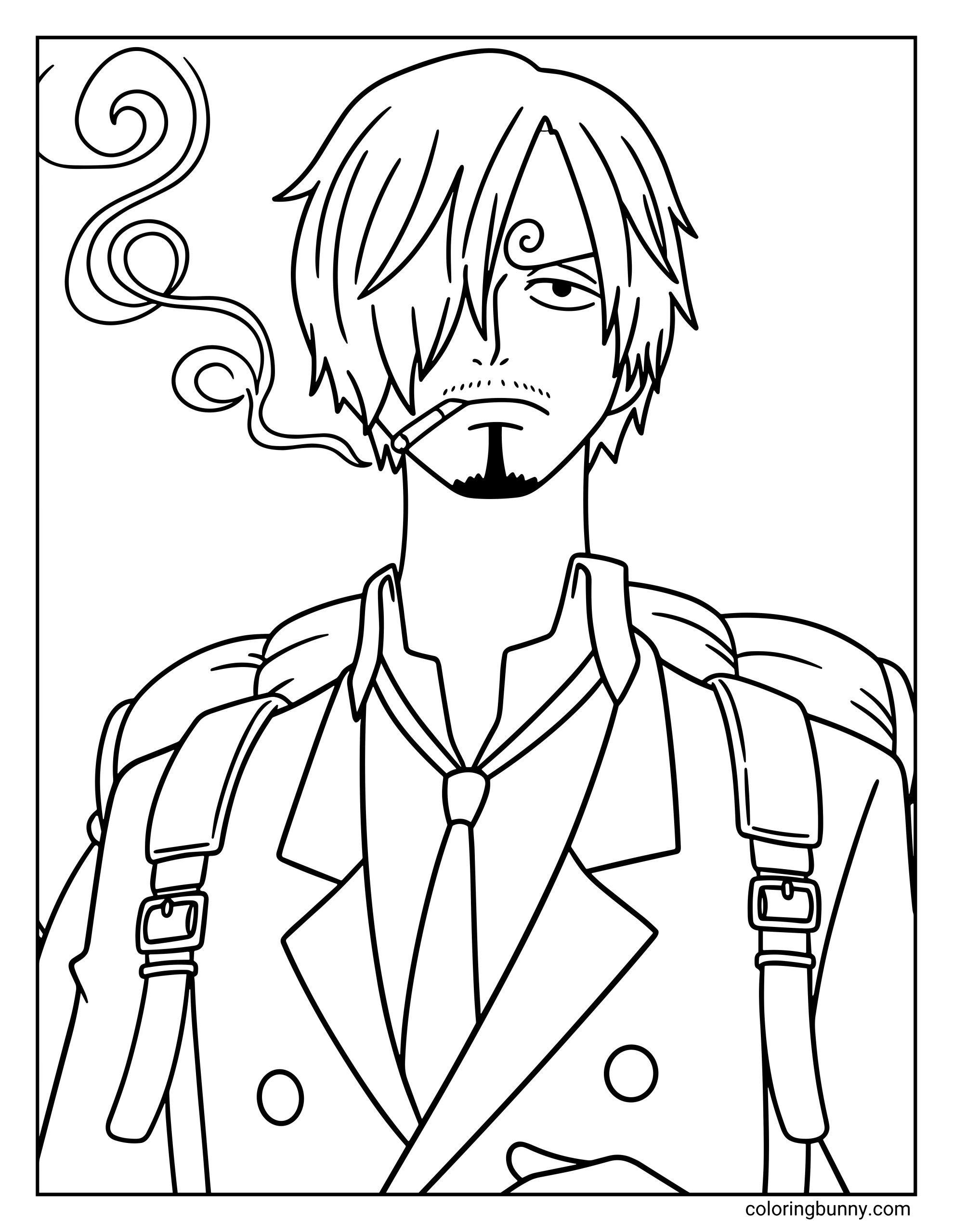 A Sanji One Piece coloring page showing the Straw Hat Pirates’ cook standing calmly with his signature cigarette and swirling eyebrow. Wearing a sharp suit with a tie and backpack, Sanji looks serious and composed as smoke curls upward beside his face.