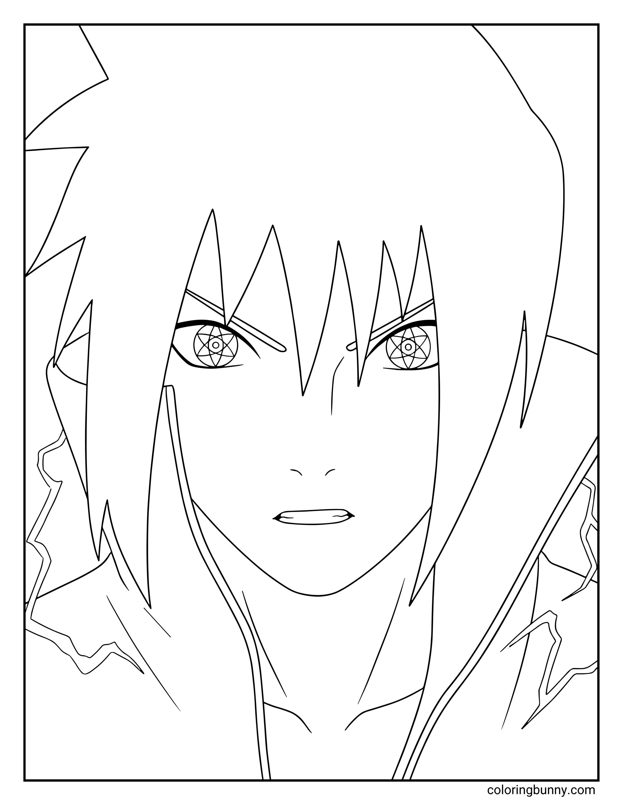 A Naruto coloring page featuring Sasuke Uchiha in a close-up portrait with his powerful Mangekyō Sharingan activated in both eyes. Lightning energy crackles around him as he stares forward with intense focus, representing the advanced Uchiha eye technique seen throughout Naruto: Shippuden.